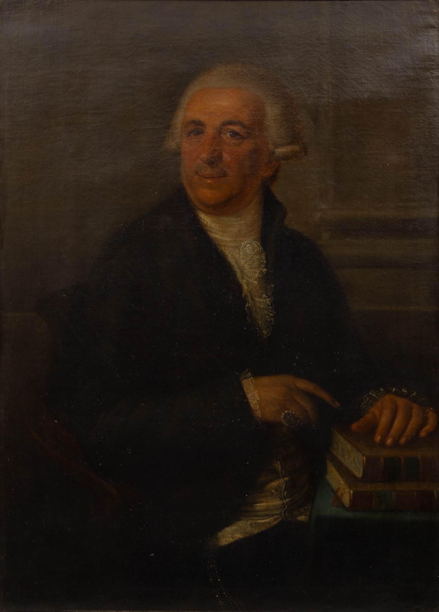 English School Oil on Canvas, Ca. Late 18th C., 'Portrait of a Doctor', H 40" W 28.5": English School Oil on Canvas, Ca. Late 18th C., 'Portrait of a Doctor', H 40" W 28.5" Unsigned. Half length portrait of a seated gentleman wearing a powdered wig, lace cravat and cuffs with a dark ove