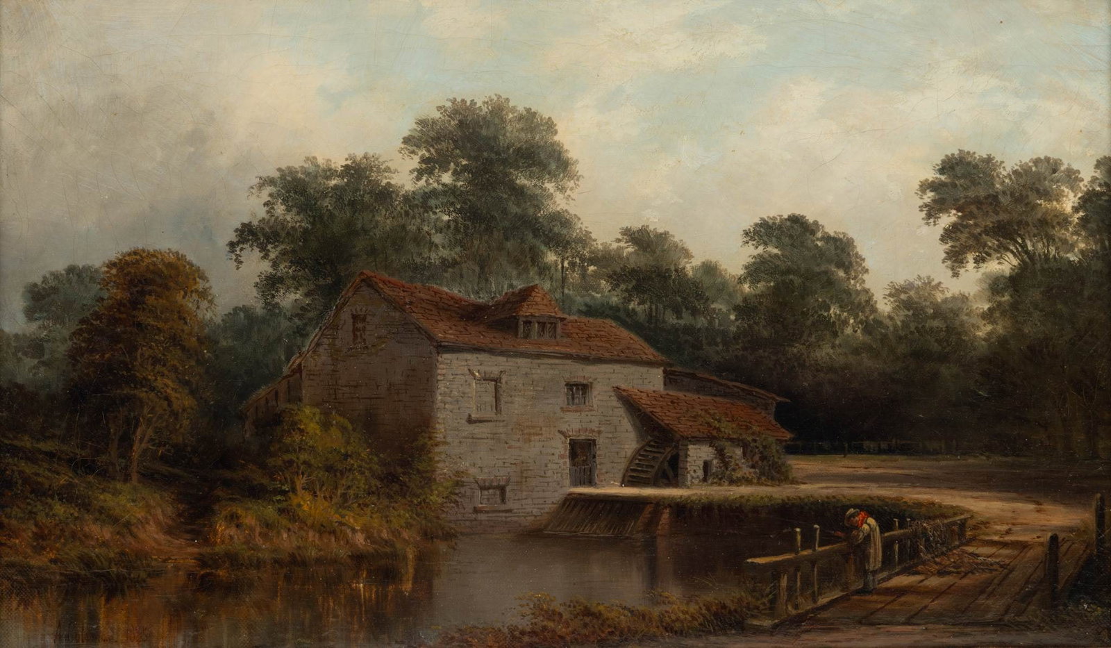A. Coleman (English, 19th C.) Oil on Canvas, 1885, 'Millpond Fishing', H 12" W 20": A. Coleman (English, 19th C.) Oil on Canvas, 1885, 'Millpond Fishing', H 12" W 20" Signed and dated lower left. Depicting a gentleman standing on a wooden bridge and fishing in a millpond. Central sto