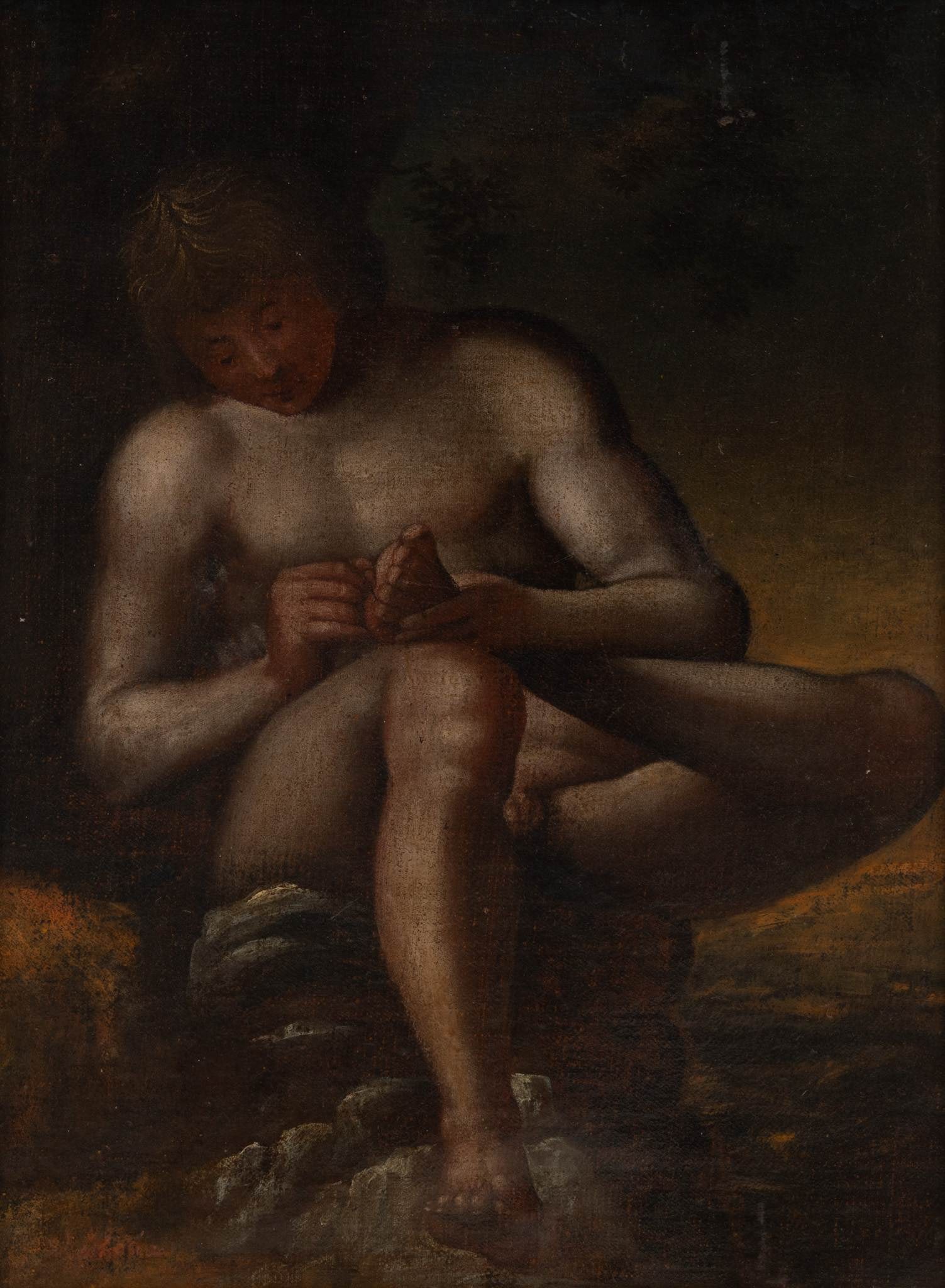 Italian Oil on Canvas, Ca. 18th/19th Century, 'Lo Spinario', H 17.25" W 12.5": Italian Oil on Canvas, Ca. 18th/19th Century, 'Lo Spinario', H 17.25" W 12.5" Illegibly signed lower left. After the Greco-Roman sculpture. Depicting a boy pulling a thorn from the sole of his foot. H