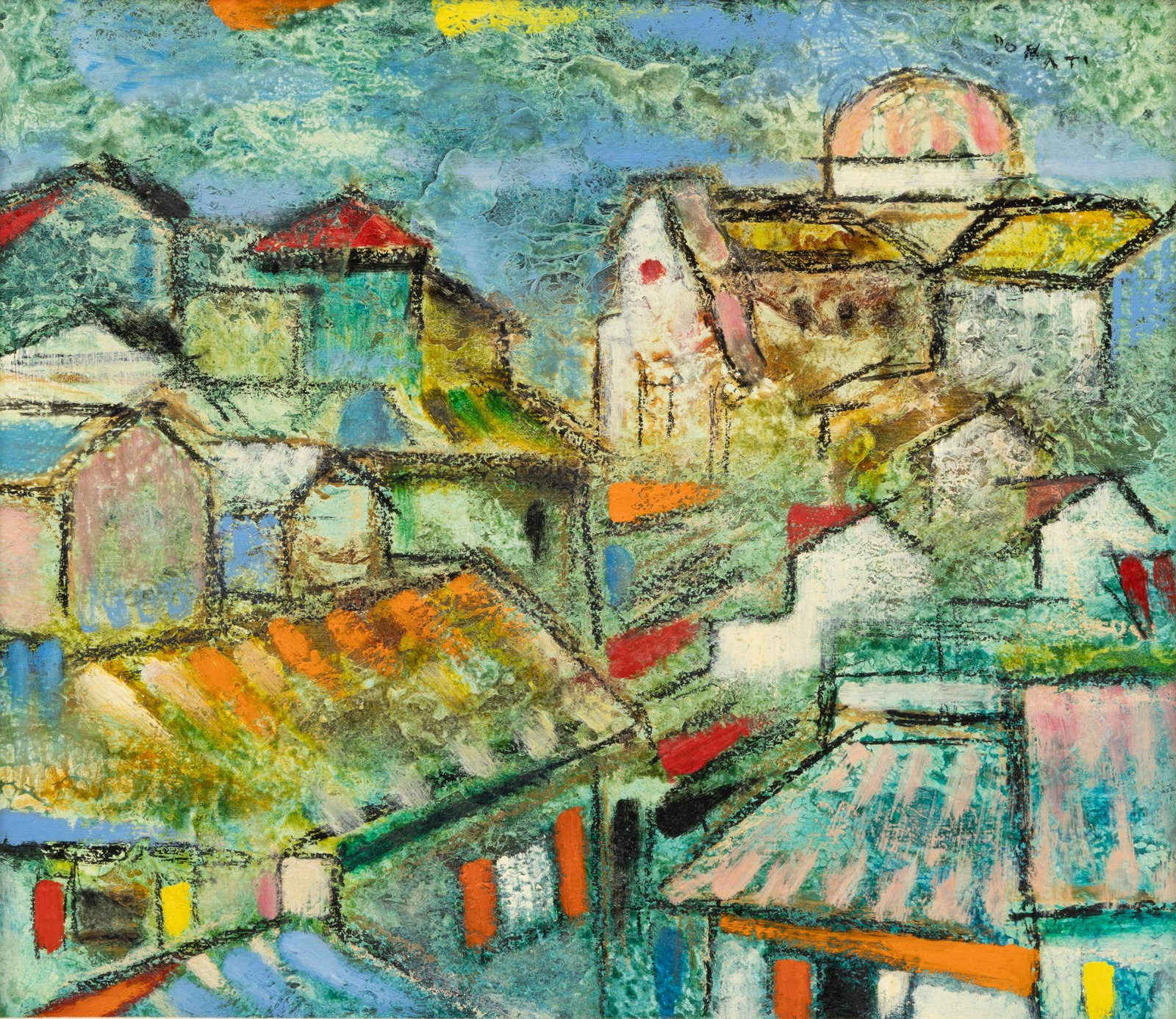Lazzaro Donati (Italian, 1926-1977) Oil on Panel, Ca. 1970, 'Basilica Di Santo Spirito, Florence', H: Lazzaro Donati (Italian, 1926-1977) Oil on Panel, Ca. 1970, 'Basilica Di Santo Spirito, Florence', H 13.75" W 15.75" Signed upper right. A colorful view of the Oltrarno neighborhood in Florence, 