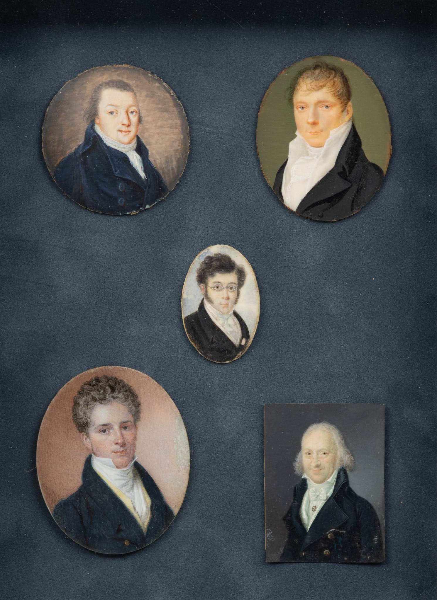 Group of 5 English Watercolor Miniature Portraits Framed As One, Ca. 19th C., H 16" W 13.5" (1 of 3)