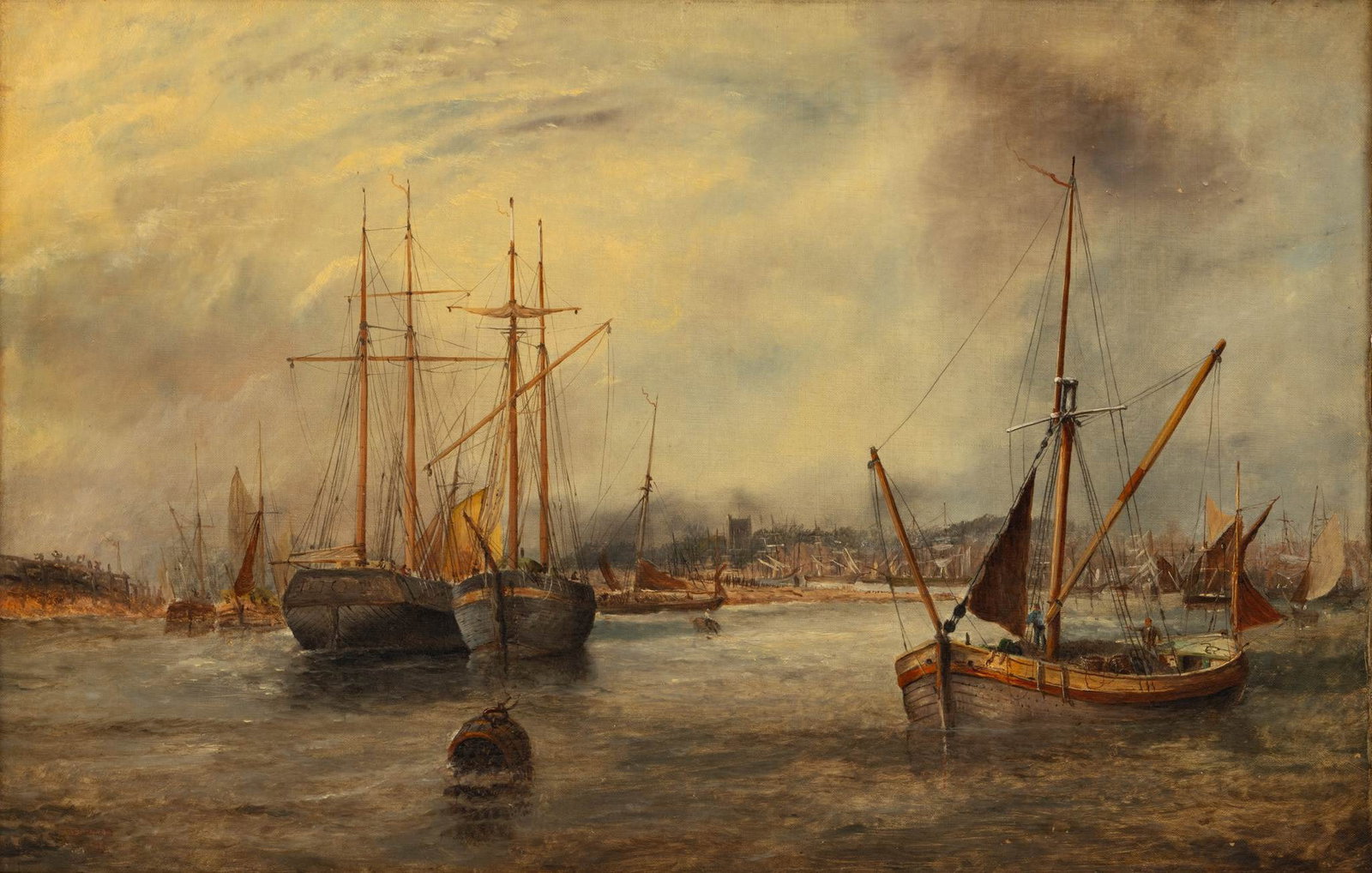 J. Edwards (English, 19th C.) Oil on Canvas 1879, 'Ipswich Dock, Suffolk', H 20" W 30": J. Edwards (English, 19th C.) Oil on Canvas 1879, 'Ipswich Dock, Suffolk', H 20" W 30" Signed lower left and dated 1879. Depicting fishing and trade vessels in Ipswich Dock at low tide. Signed, dated,