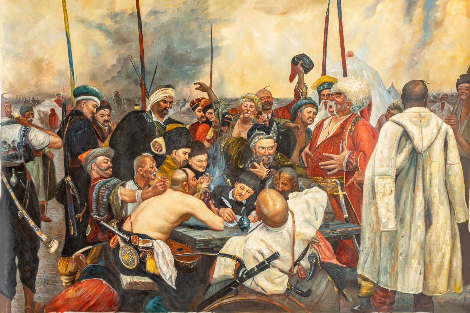 After Ilya Repin (Ukrainian-Russian, 1844-1930) Oil on Canvas 20th C., 'Reply of the Zaporozhian (1 of 12)