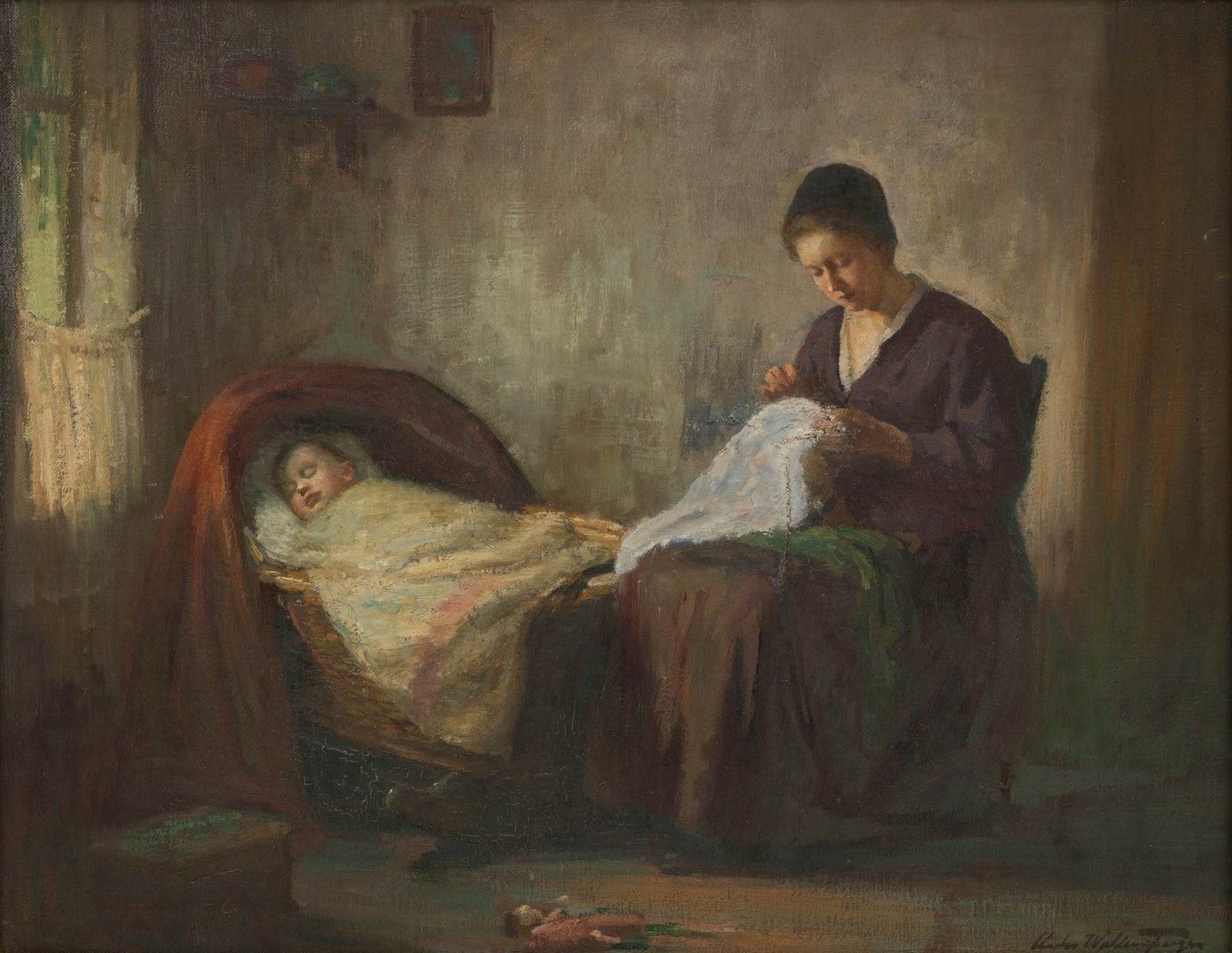 Charles E. Waltensperger (American, 1871-1931) Oil on Canvas 'Mother and Child', H 16" W 20": Charles E. Waltensperger (American, 1871-1931) Oil on Canvas 'Mother and Child', H 16" W 20" Dutch interior scene with Mother and Child, signed lower right. Framed 24" x 28". Also signed and titled on