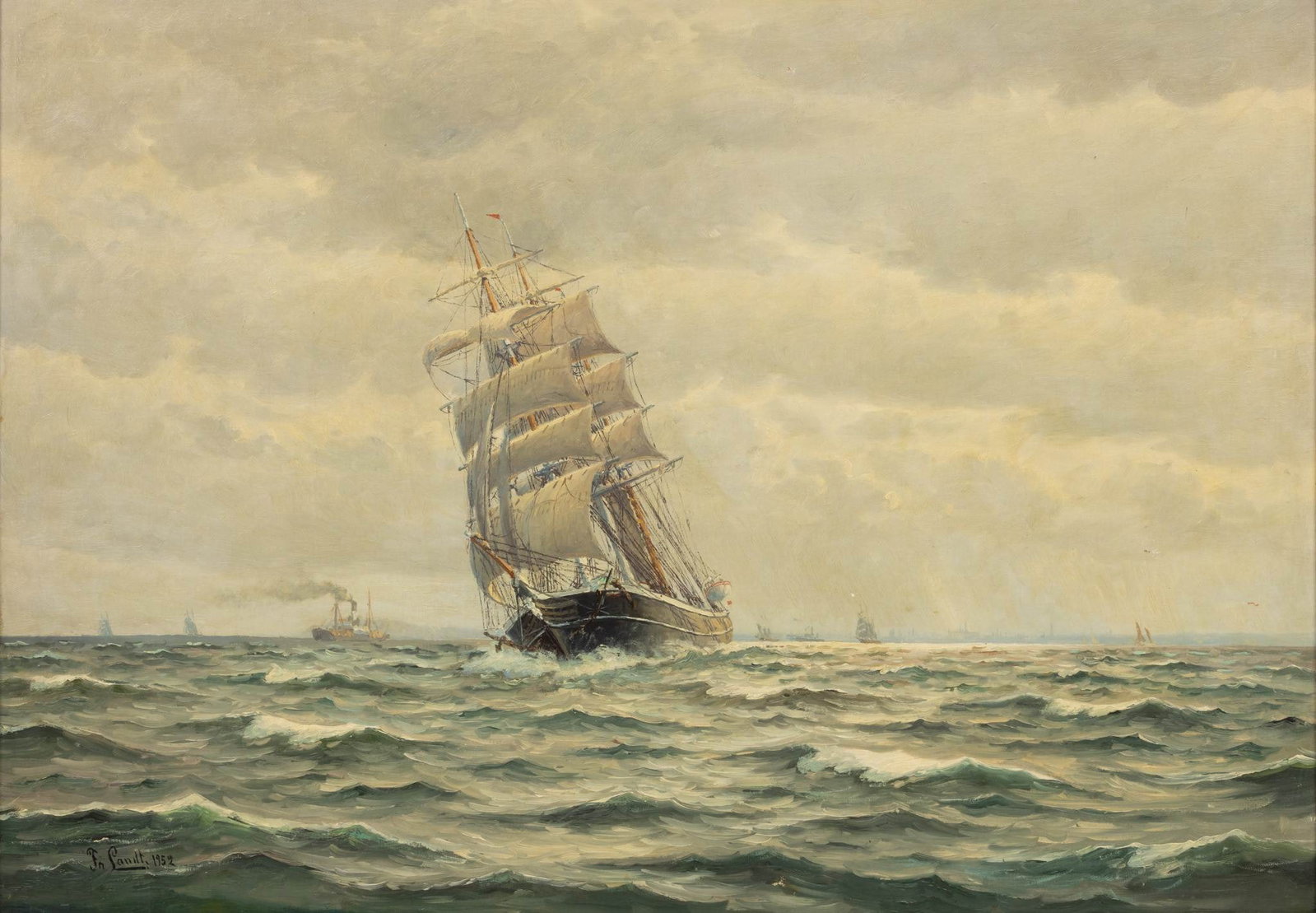 Frantz Landt (Danish, 1885-1975) Oil on Masonite 1952, 'Tall Ship Off of a Coast', H 27.5" W 39" (1 of 5)