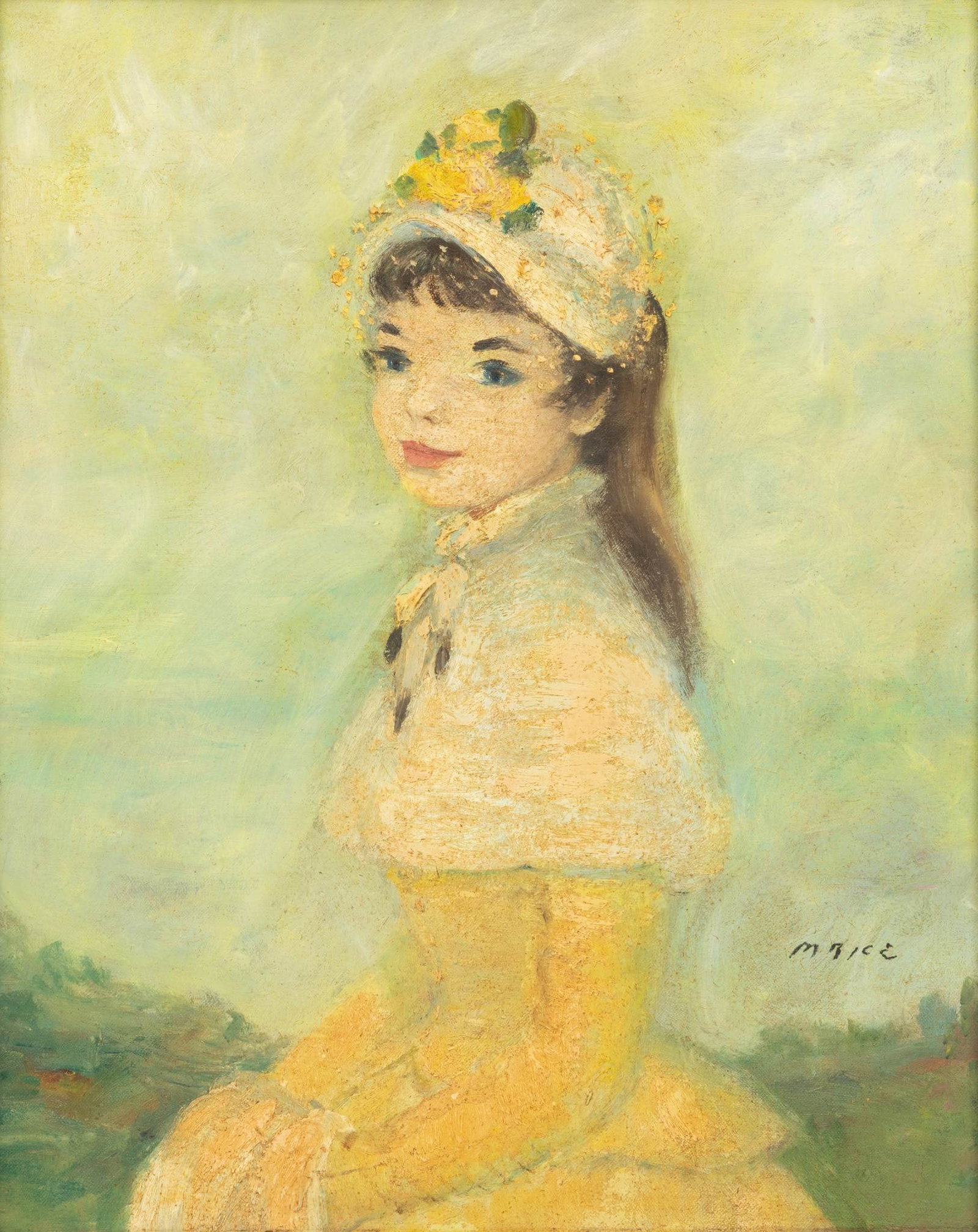 Marion Rice (USA, 1905-1994) Oil on Board 1950, 'Elegant Young Woman', H 20" W 16" 1 PC: Marion Rice (USA, 1905-1994) Oil on Board 1950, 'Elegant Young Woman', H 20" W 16" 1 PC Signed. Marion Rice, depicting young woman wearing straw hat with flowers. Impressionist artist stud