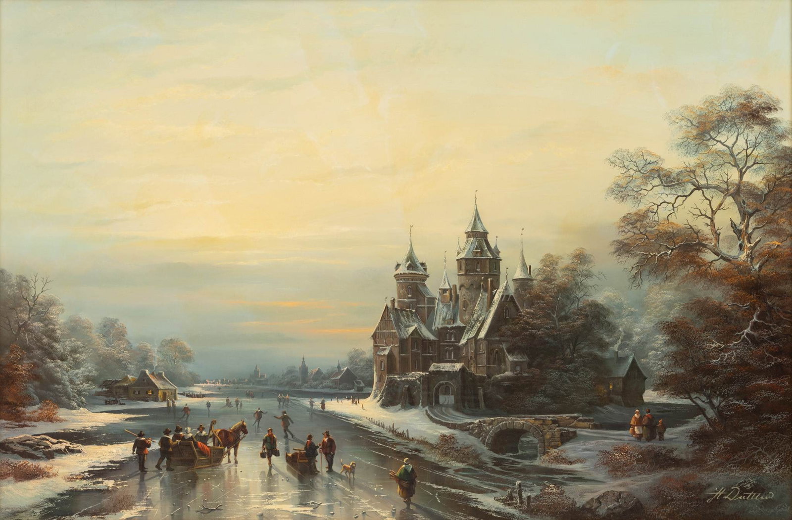 Herbert Duttler (German, B. 1948) Oil on Canvas, Ca. 1980, 'Skating Scene', H 25" W 37" (1 of 7)