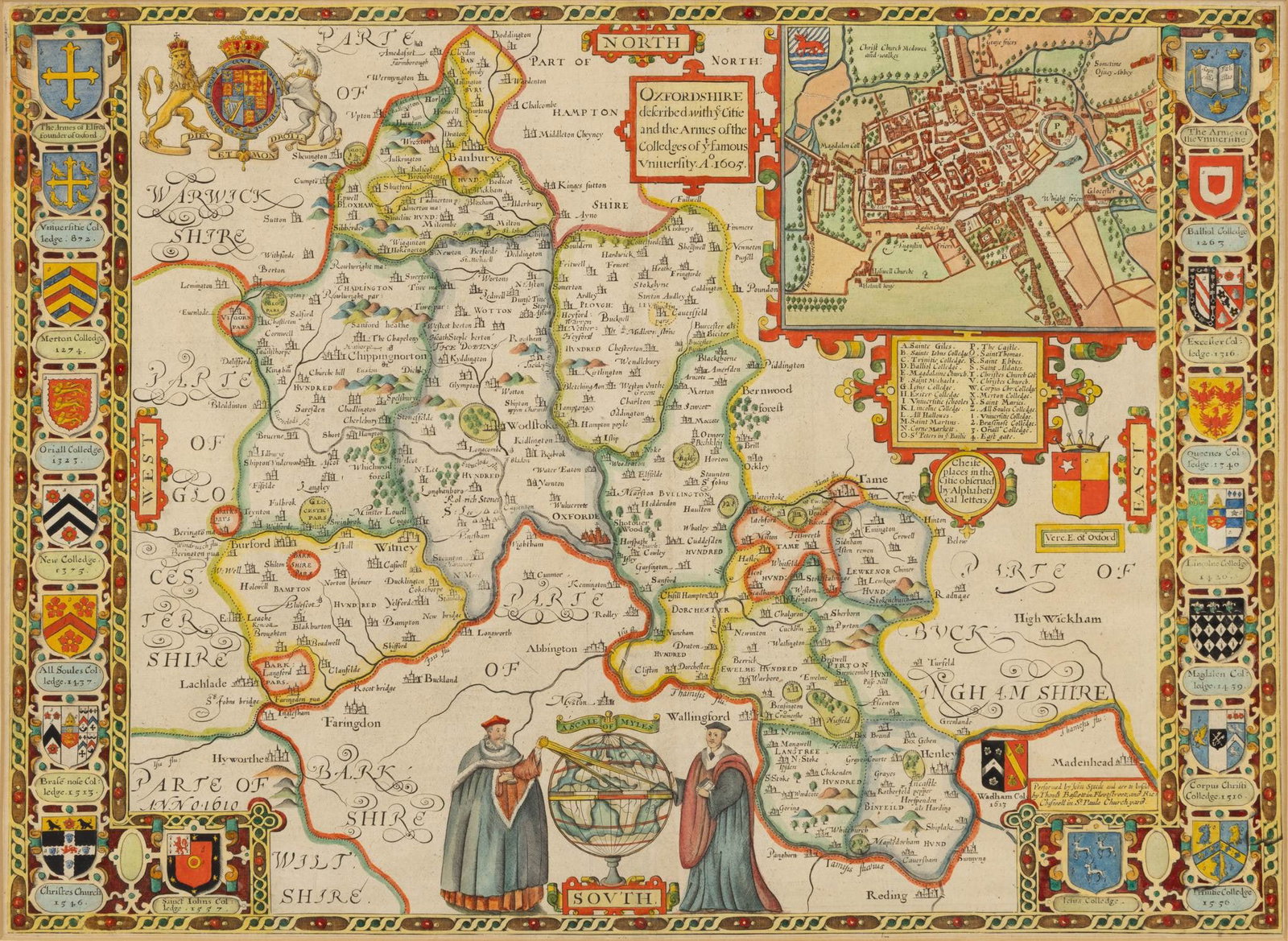 John Speed (British, 1552-1629) Hand Colored Engraved Map with Gilt 'Oxfordshire', H 15.25" W 20.75" (1 of 3)