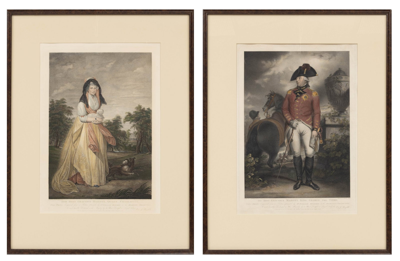 After Sir William Beechey (British, 1753-1839) Hand Colored Engravings on Paper 'The Most Gracious: After Sir William Beechey (British, 1753-1839) Hand Colored Engravings on Paper 'The Most Gracious Majesty King George the Third; the Most Gracious Majesty Queen Charlotte', H 23.25" W 16.4" 2 PCS