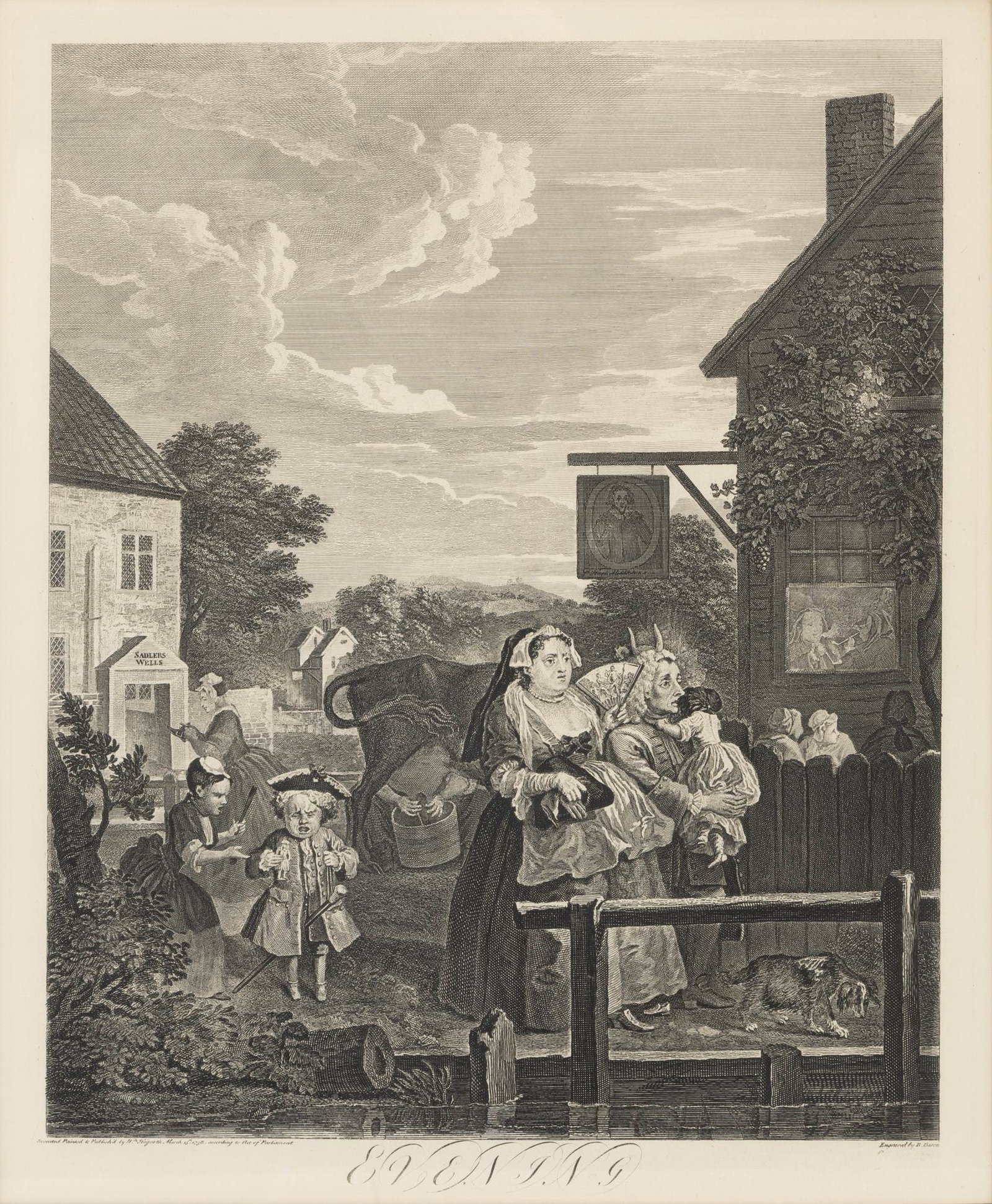 William Hogarth (English, 1679-1764) Engraved by B. Baron Engraving on Laid Paper 1738, 'The Four: William Hogarth (English, 1679-1764) Engraved by B. Baron Engraving on Laid Paper 1738, 'The Four Times of the Day: Evening', H 19.75" W 16.5" 'Evening' is a third state with additional
