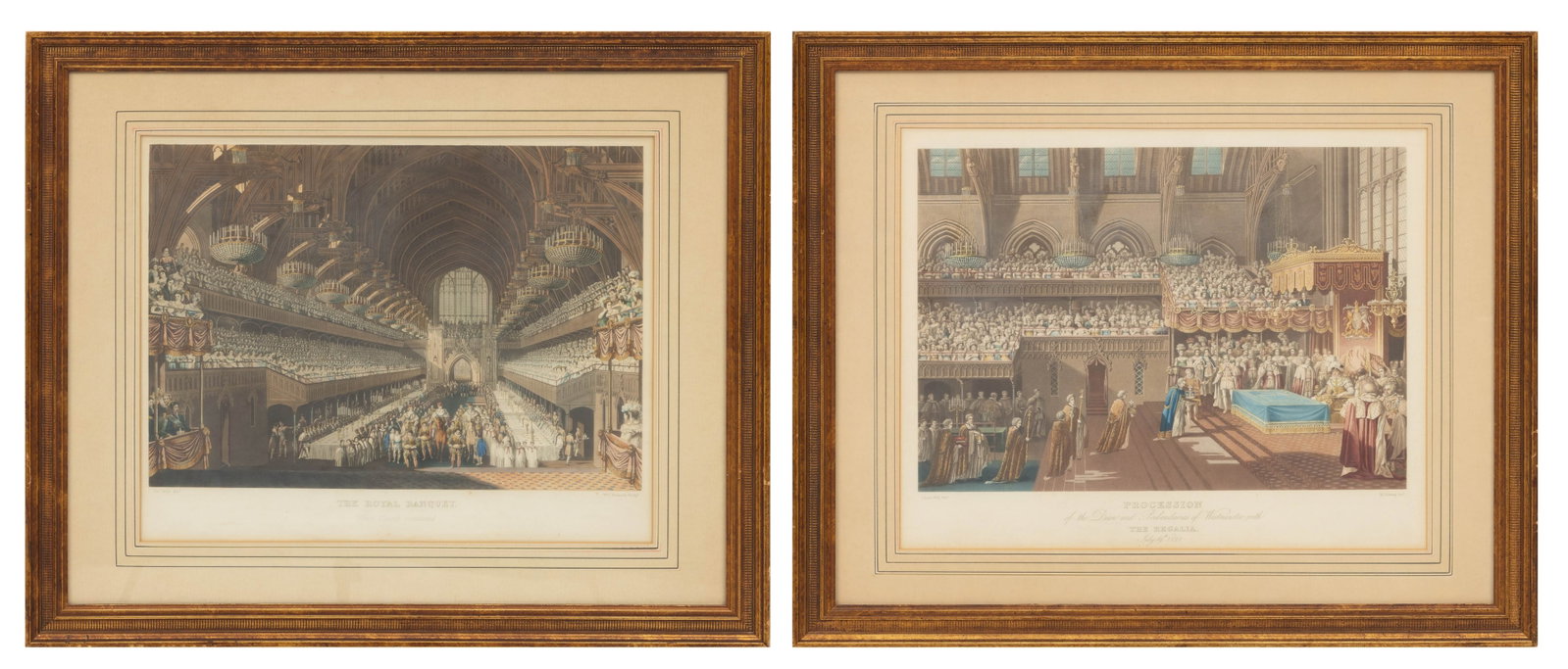 William James Bennett (American, 1787-1844) After Charles Wild Hand Colored Engravings 'The Royal: William James Bennett (American, 1787-1844) After Charles Wild Hand Colored Engravings 'The Royal Banquet; Procession', H 15" W 18.25" 2 PCS Dimensions: H 15" W 18.25" Frame Size: H 22.5" W 27" 2 PCS