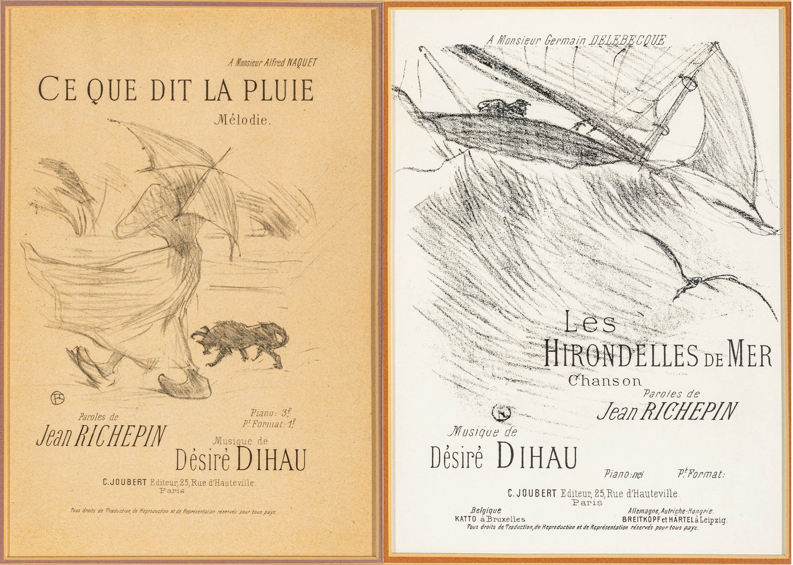 Henri De Toulouse-Lautrec (French, 1864-1901) Lithographs on Wove Paper, Ca. 1895, 'Les Hirondelles: Henri De Toulouse-Lautrec (French, 1864-1901) Lithographs on Wove Paper, Ca. 1895, 'Les Hirondelles De Mer and Ce Que Dit La Pluie', 2 PCS Two lithographs from the series Melodies de Desire Dihau Sur