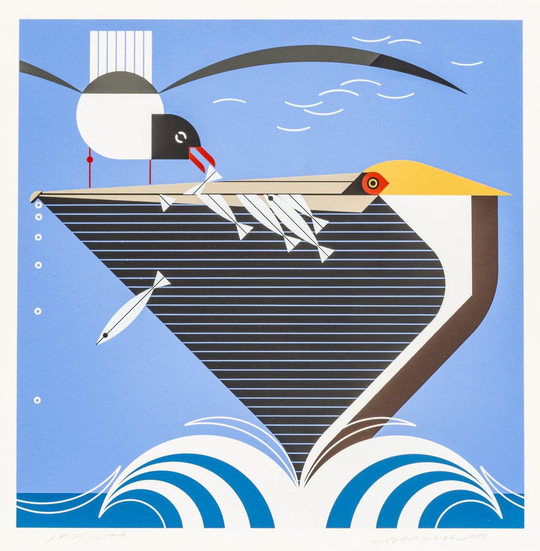 Charley Harper (American, 1922-2007) Serigraph on Paper 'Pelican Pantry', SN: #182/1500, H 14" W 14": Charley Harper (American, 1922-2007) Serigraph on Paper 'Pelican Pantry', SN: #182/1500, H 14" W 14" Signed lower right #182/1500 lower left. Framed 19.25" x 19.25". Provenance: Bloomfield Hills,
