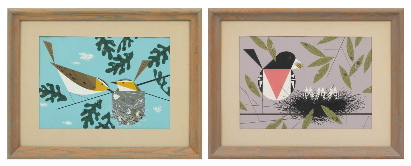 Charley Harper (American, 1922-2007) Serigraphs in Colors on Wove Paper 'Red Breasted Grosbeak;: Charley Harper (American, 1922-2007) Serigraphs in Colors on Wove Paper 'Red Breasted Grosbeak; Red-Eyed Vireos', H 13" W 18" 2 PCS Signed lower right. The Red Breasted Grosbeak was originally