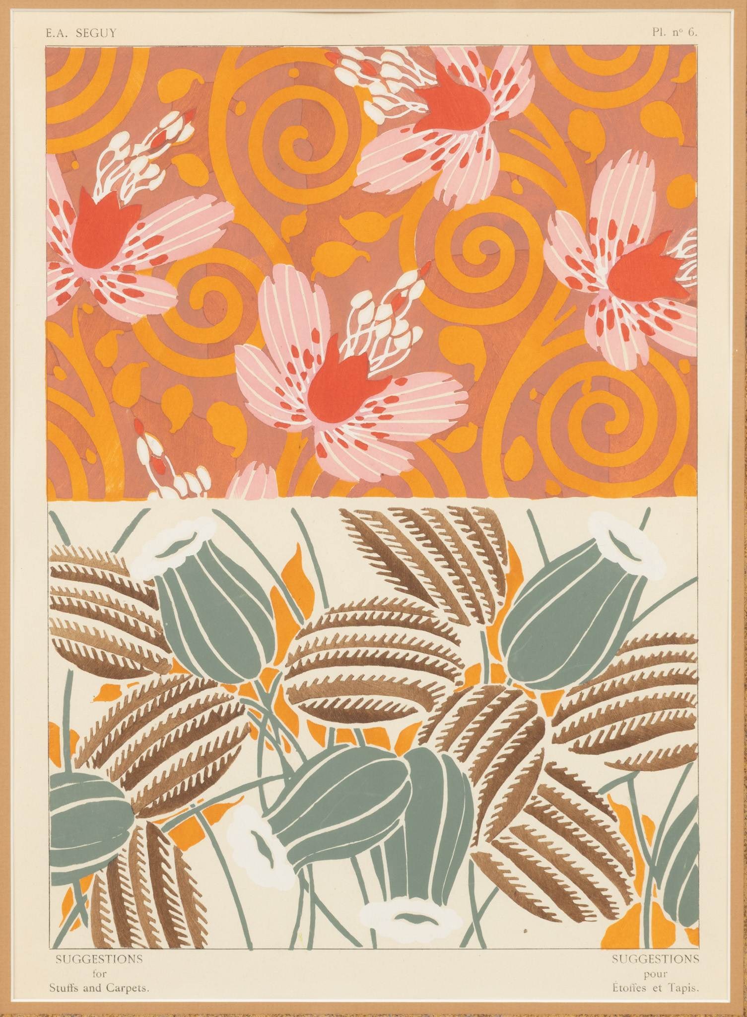 Eugène Séguy (French, 1890-1985) Pochoir Lithograph on Wove Paper 1929, 'Suggestions Pour: Eugène Séguy (French, 1890-1985) Pochoir Lithograph on Wove Paper 1929, 'Suggestions Pour Etoffes Et Tapis (Plate N. 6)', H 15.25" W 11.1" Ch. Massin & Cie, Paris 1929. Provenance:
