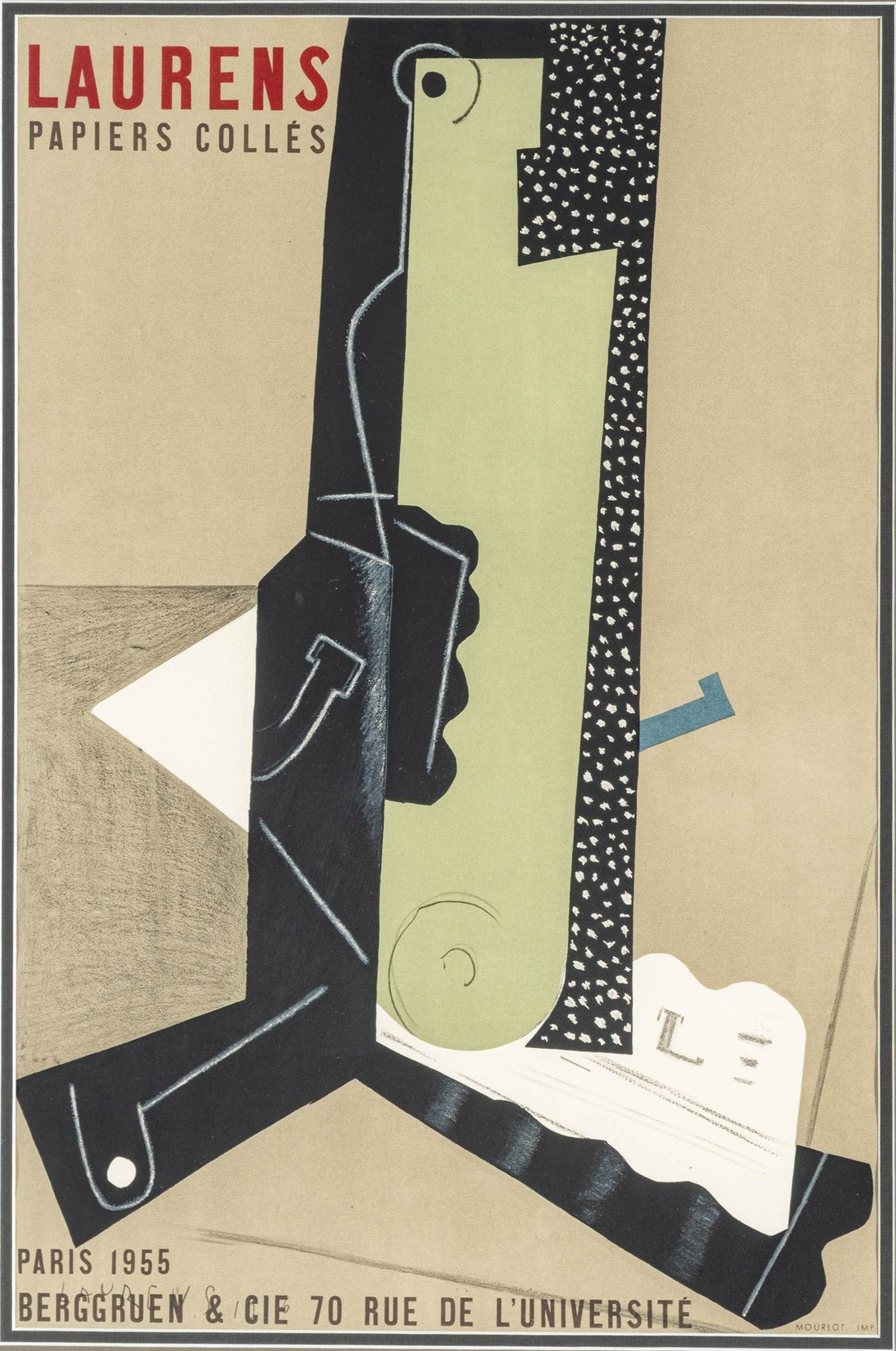 Henri Laurens (French, 1885-1954) Lithographic Poster on Paper 1955, 'Papiers Colles', H 23.5" W 15": Henri Laurens (French, 1885-1954) Lithographic Poster on Paper 1955, 'Papiers Colles', H 23.5" W 15" Signed and dated lower left. Produced for the show at the Galerie Berggruen, Paris. Provenance: