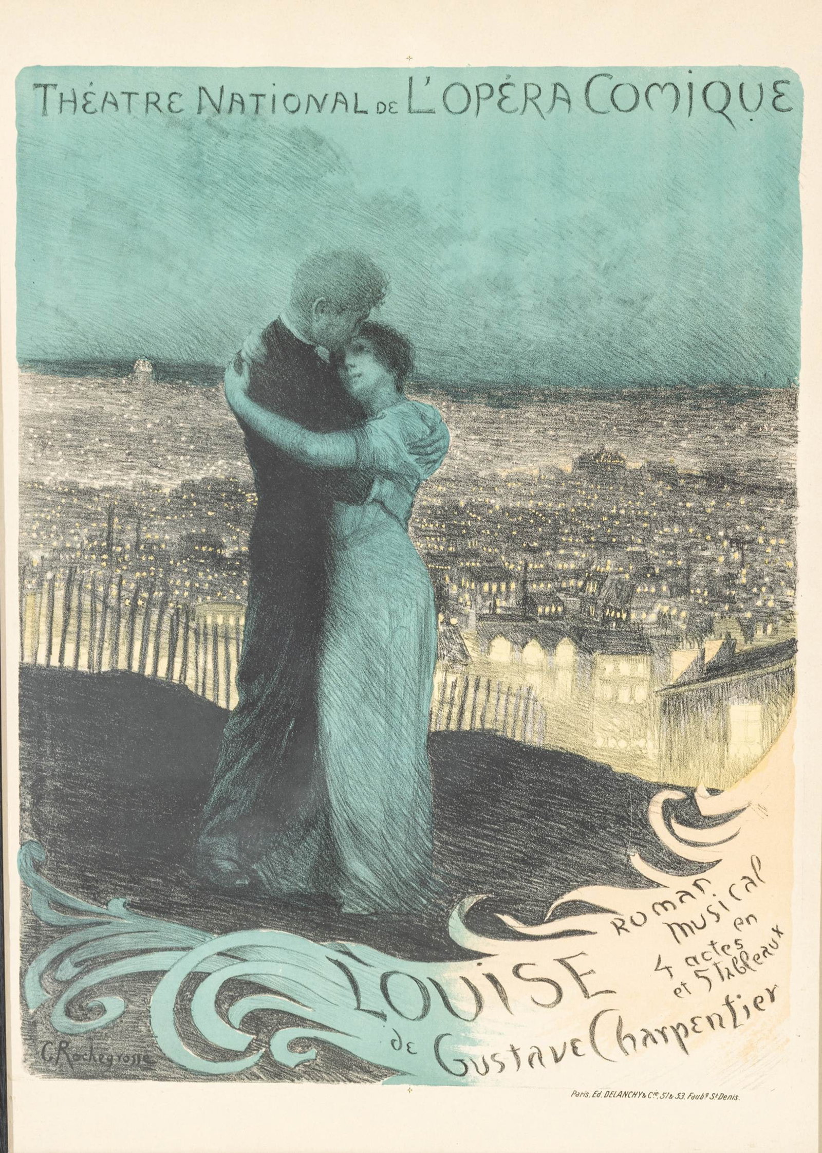 Georges Antoine Rochegrosse (French, 1859-1938) Lithographic Poster on Paper 'Louise, Theater: Georges Antoine Rochegrosse (French, 1859-1938) Lithographic Poster on Paper 'Louise, Theater National De L'Opera Comique in Paris', H 36" W 24" Printed by Delanchy & Cie, Paris for the