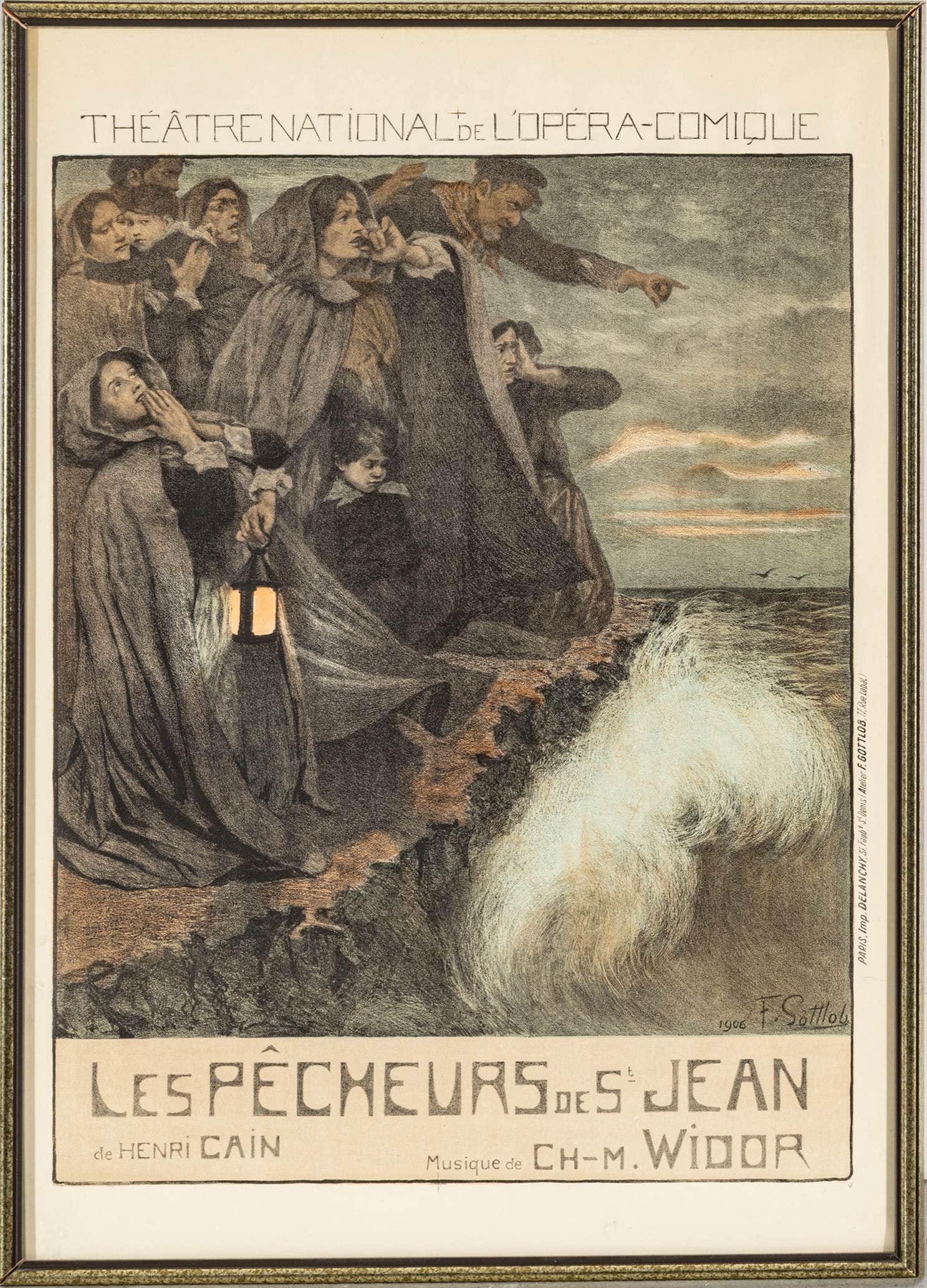 Fernand Louis Gottlob (French, 1873-1935) Lithographic Poster on Paper 1906, 'Les Pecheurs De St.: Fernand Louis Gottlob (French, 1873-1935) Lithographic Poster on Paper 1906, 'Les Pecheurs De St. Jean', H 36" W 25" It was created to advertise a four-act opera of the same name composed by Charles-M