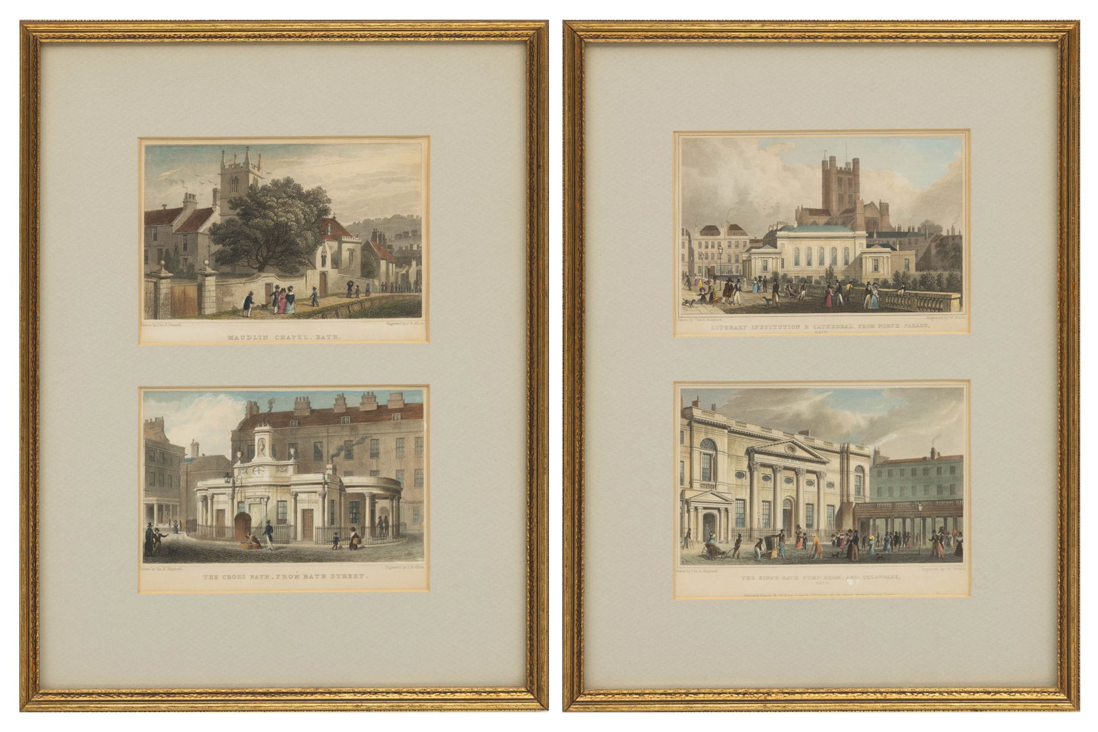 Thomas Hosmer Shepherd (British, 1793-1864) Engraved by AB Allen, Hand Colored Engravings on Paper,: Thomas Hosmer Shepherd (British, 1793-1864) Engraved by AB Allen, Hand Colored Engravings on Paper, Ca. 1829, 'Literary Institution & Cathedral; the Kings Bath Pump Room; the Cross Bath; Maudlin