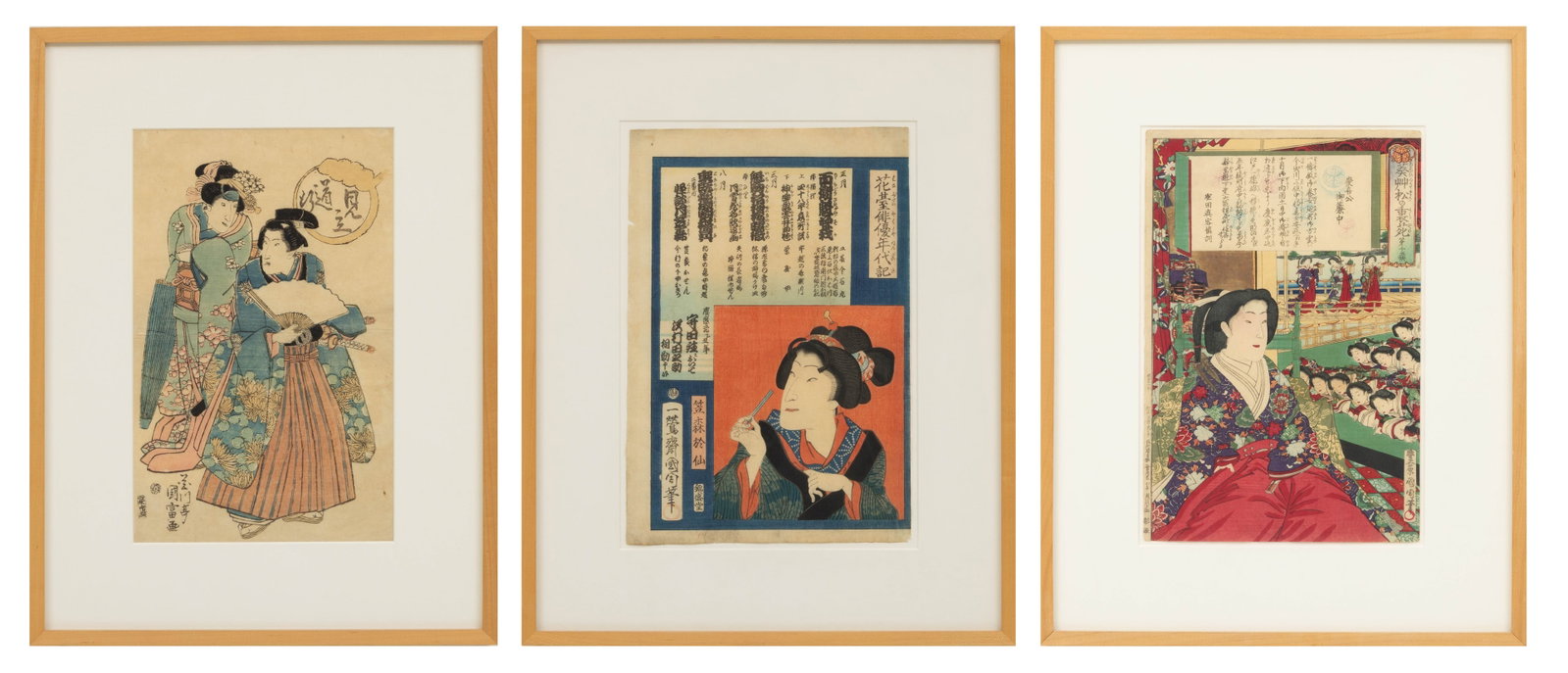 Asian Woodblocks 'Group of Three Geishas', H 13.75" W 8.5": Asian Woodblocks 'Group of Three Geishas', H 13.75" W 8.5" Provenance: Property from the Estate Collection of Catherine Mayhew, Bloomfield Hills, MI Dimensions: H 13.75" W 8.5"