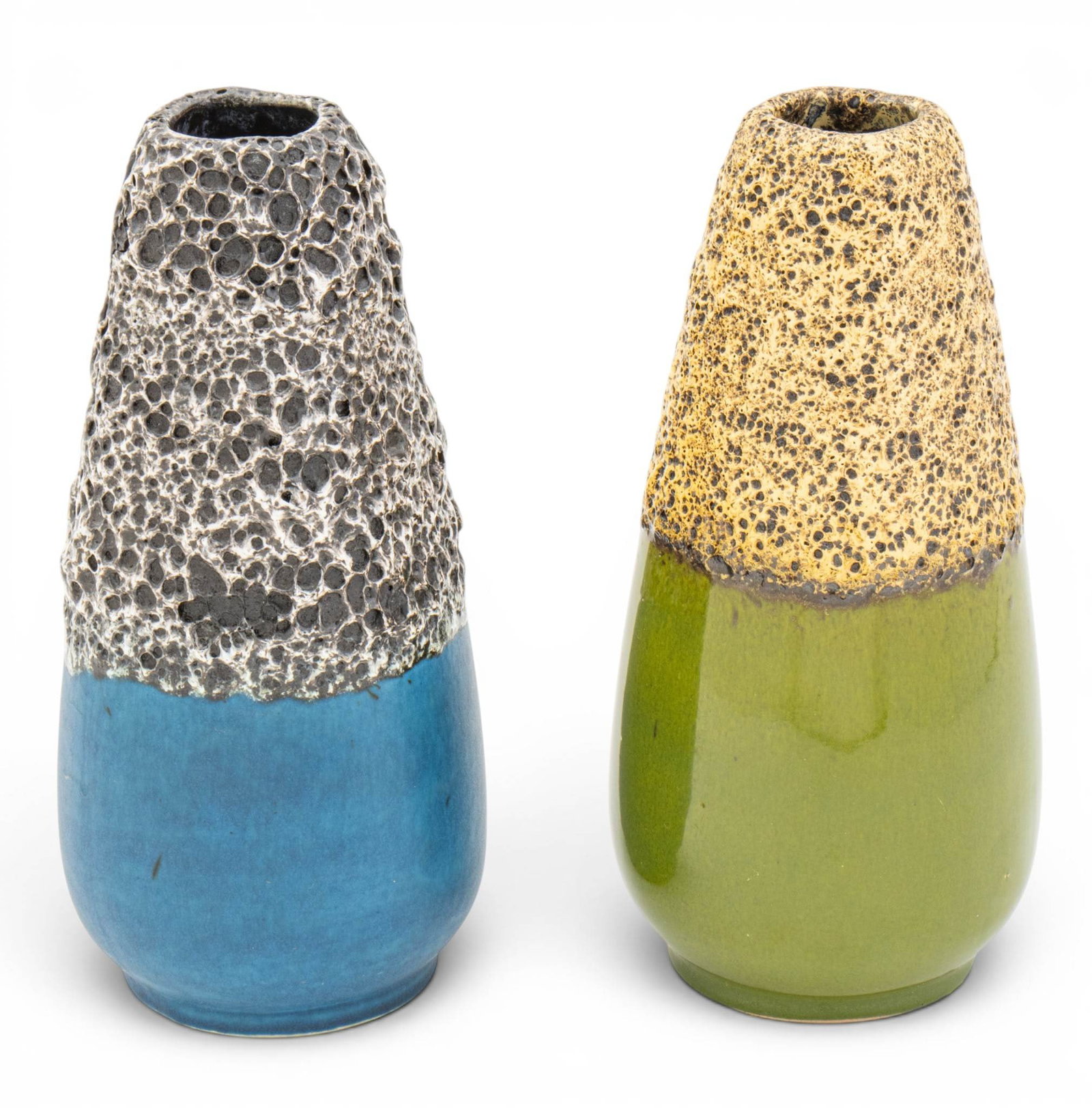 ES Keramik (Josef Emons & Söhne) (West Germany) Glossy Glaze and Textured Pottery, Ca. 1960,: ES Keramik (Josef Emons & Söhne) (West Germany) Glossy Glaze and Textured Pottery, Ca. 1960, 'Fat Lava Vases', H 10" Depth 5" 2 PCS Marked on the underside of each vase 608/25. Provenance: From t