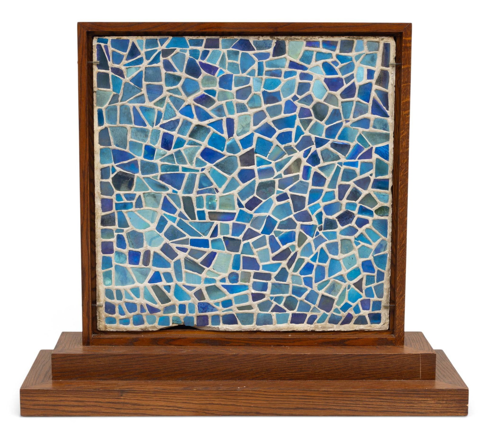 American Mosaic Art Glass Panel, H 26.5" W 26.5": American Mosaic Art Glass Panel, H 26.5" W 26.5" Mosaic tiles with iridescent glass. Having a wooden display frame. Height with base 31" Provenance: Property of Prominent Collector, Birmingham, Michig