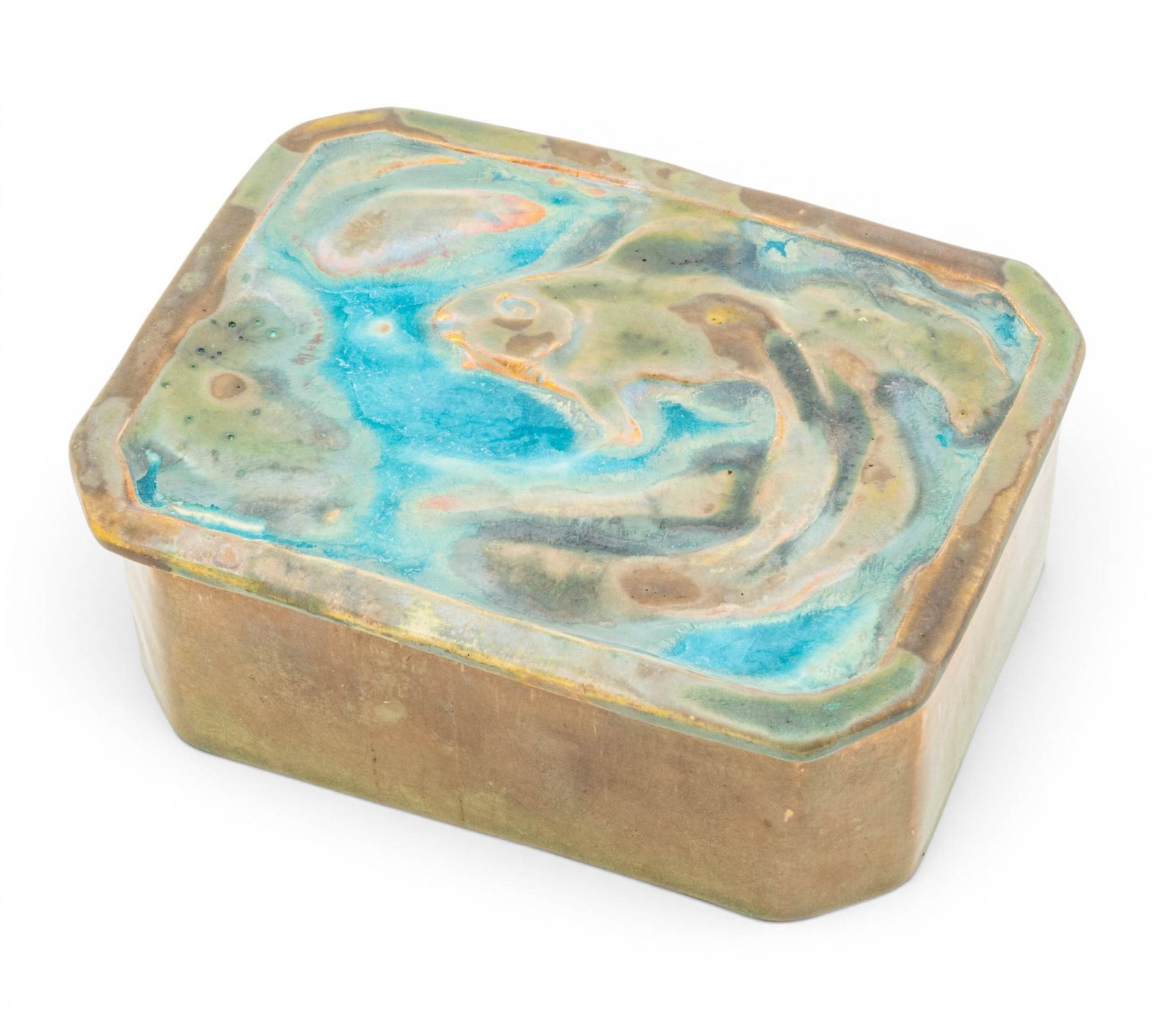Pewabic Pottery (Detroit, Est. 1903) Glossy Iridescent Glaze with Reduction, Covered Box with Koi (1 of 7)