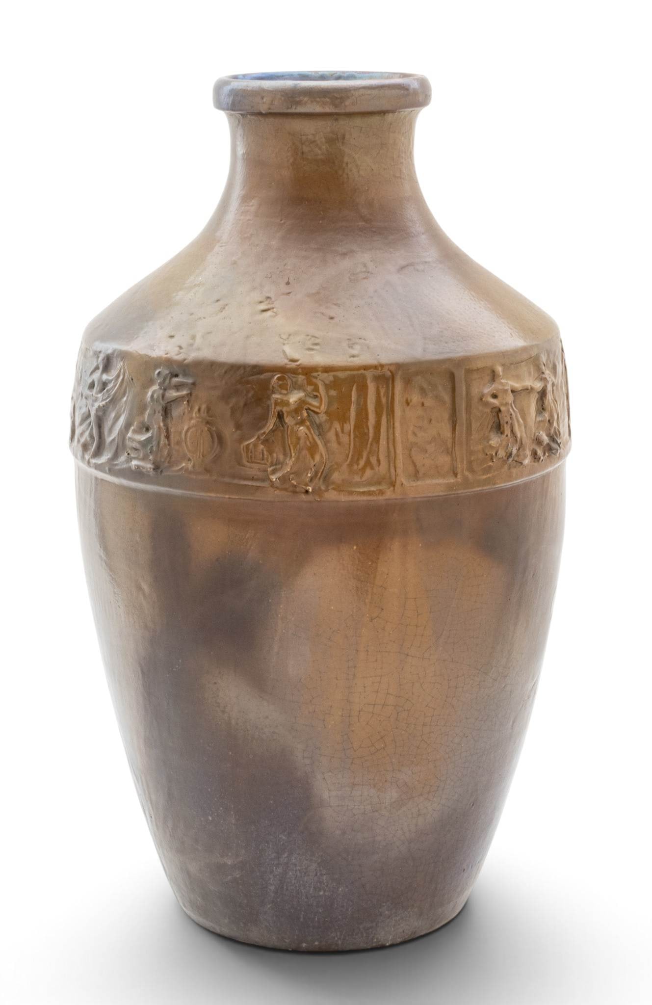 Mary Chase Perry, Monumental Pewabic Pottery Cast Brown Vase with Relief, 1913, H 23.5", Dia 13" (1 of 20)