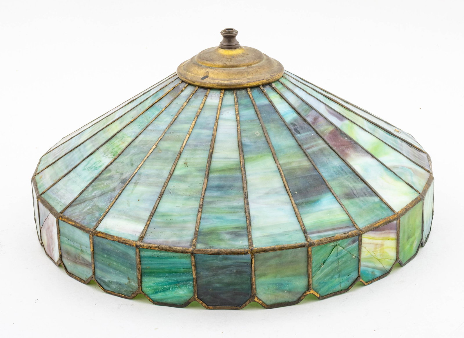 Pewabic Pottery (Detroit, Est. 1903) Art Glass Lamp Shade, Ca. 1910-1925, H 8" Dia. 14": Pewabic Pottery (Detroit, Est. 1903) Art Glass Lamp Shade, Ca. 1910-1925, H 8" Dia. 14" Unsigned. Pewabic Pottery supplied art glass shades with Pewabic bases for oil and electricity as early as 1904.