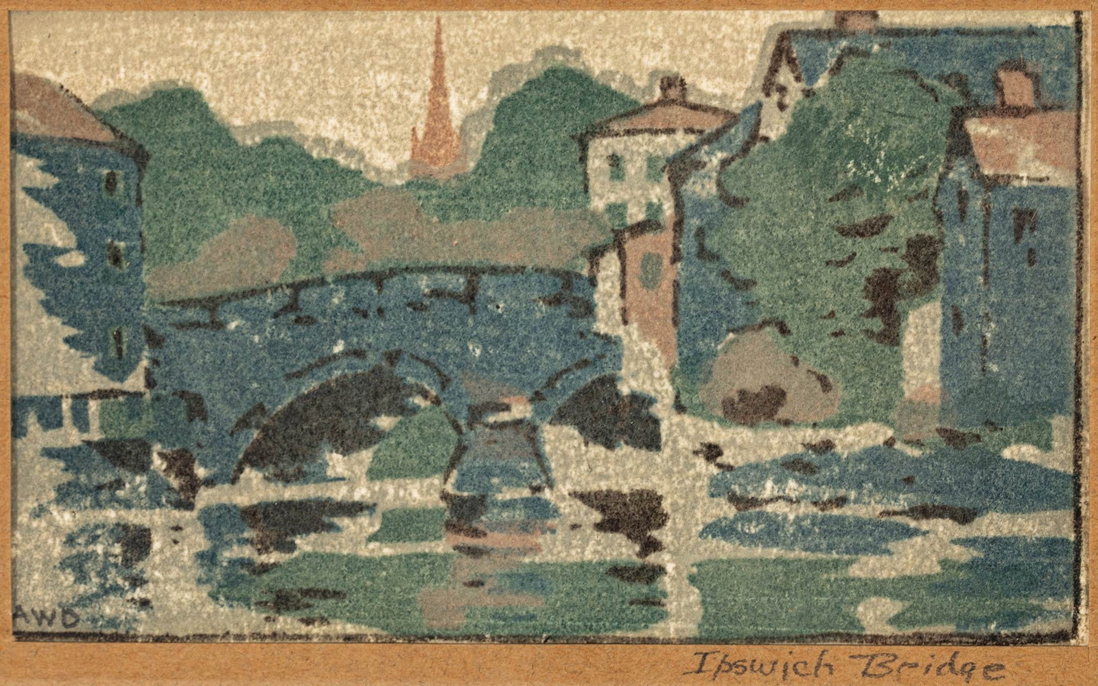 Arthur Wesley Dow (American, 1857-1922) Woodcut in Colors on Heavy Laid Paper 1910, 'Ipswich: Arthur Wesley Dow (American, 1857-1922) Woodcut in Colors on Heavy Laid Paper 1910, 'Ipswich Bridge', H 2.125" W 4" Initialed AWD in pencil lower left and titled lower right in pencil on matting. Sign