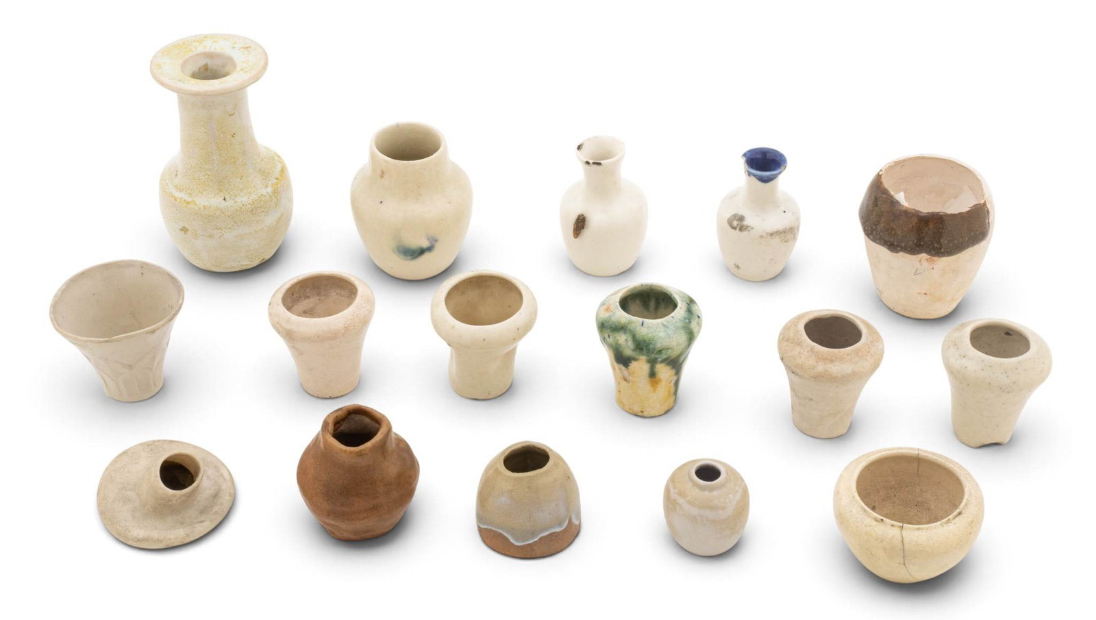 Pewabic Pottery (Detroit, Est. 1903) Rare and Early White Glazed Earthenware Test Vases 1890-1910,: Pewabic Pottery (Detroit, Est. 1903) Rare and Early White Glazed Earthenware Test Vases 1890-1910, 16 PCS Pieces range in height from 1" to 4". Most undermarked with glaze and shape identification num