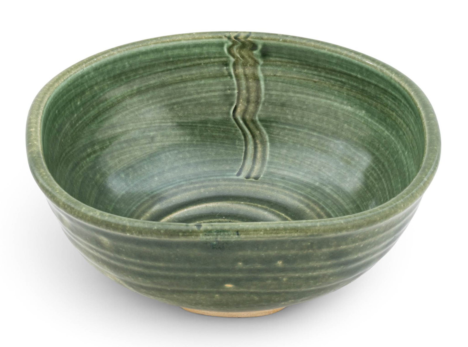 Pewabic Pottery (Detroit, Est. 1903) Early Glazed Earthenware Celtic Design Bowl 1903-1915, H 3.75": Pewabic Pottery (Detroit, Est. 1903) Early Glazed Earthenware Celtic Design Bowl 1903-1915, H 3.75" Dia. 8" Soft edge square bowl on round unglazed foot with Celtic swirl potted design. Green glaze ov