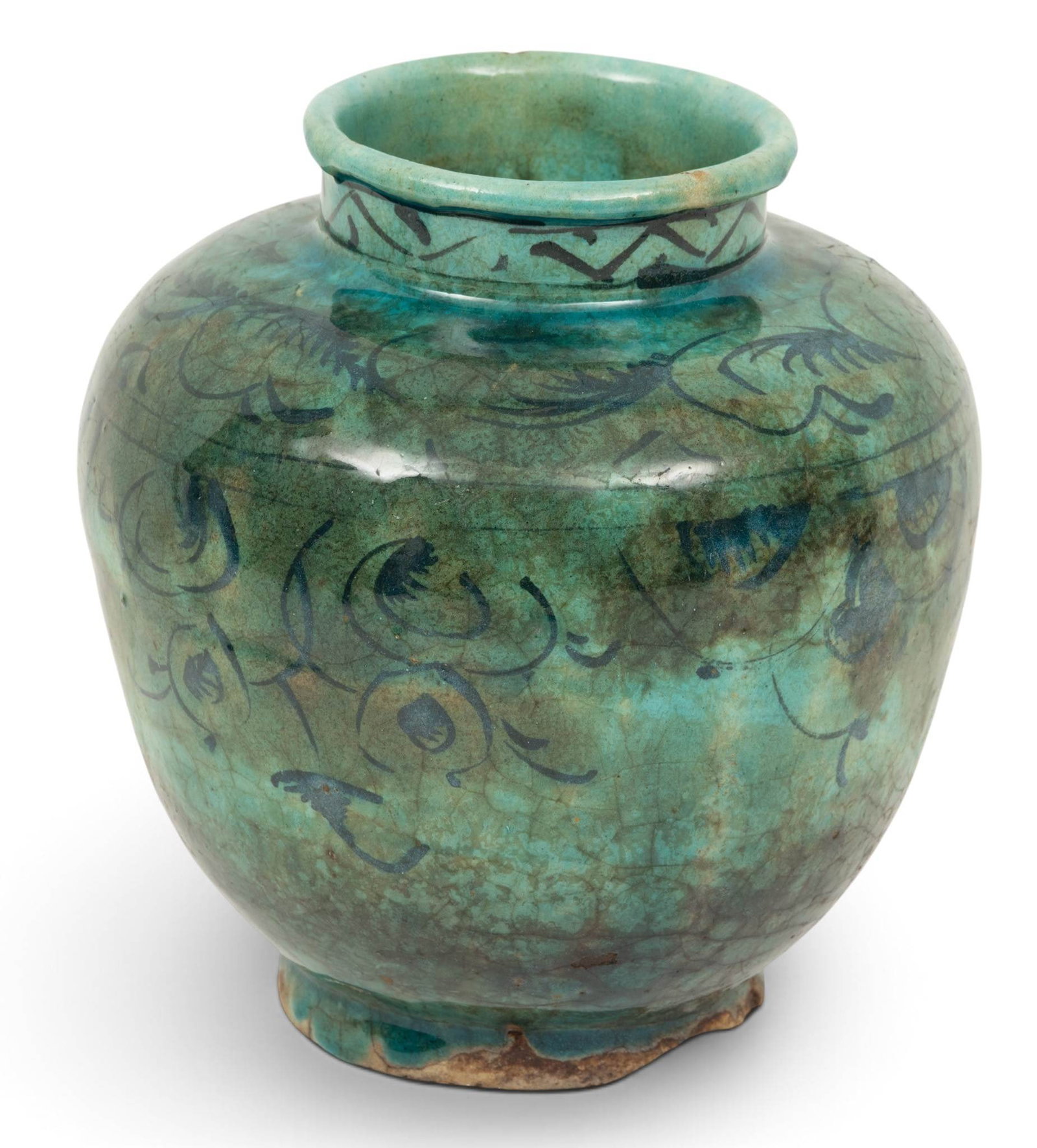 Persian Medieval Islamic Period Iridescent Glazed Earthenware Vase 12th - 14th C., H 7.75" Dia.: Persian Medieval Islamic Period Iridescent Glazed Earthenware Vase 12th - 14th C., H 7.75" Dia. 7.25" Ovid body with flaring neck. Having underglaze floral and geometric freeform decoration. Label on 