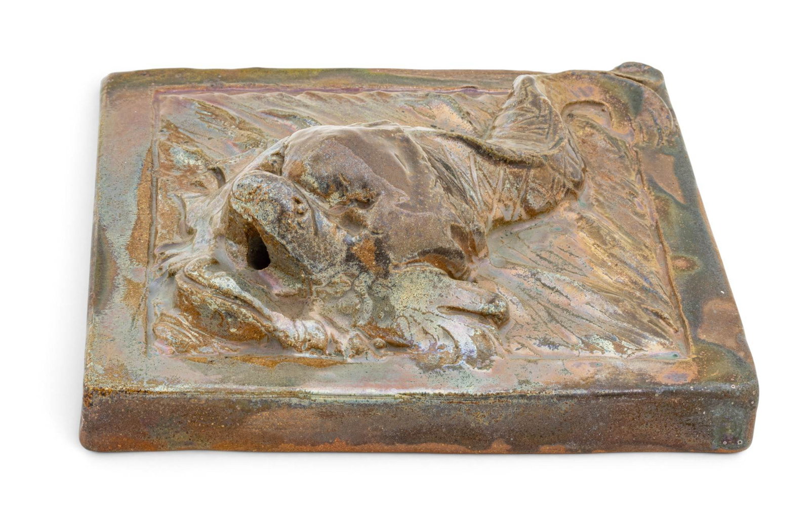 Pewabic Pottery (Detroit, Est. 1903) Iridescent Glazed Earthenware Fountain Tile 1020, 'Dolphin with (1 of 8)