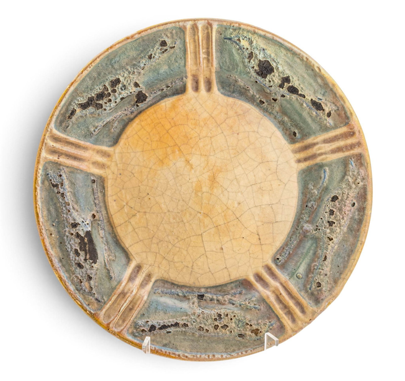 Mary Chase Perry Early and Rare Glazed Earthenware Glaze Test Plate 1903, Dia. 10": Mary Chase Perry Early and Rare Glazed Earthenware Glaze Test Plate 1903, Dia. 10" Rare and early test plate from the Stable Studio as Mary Chase Perry was testing glazes and techniques. Underside imp