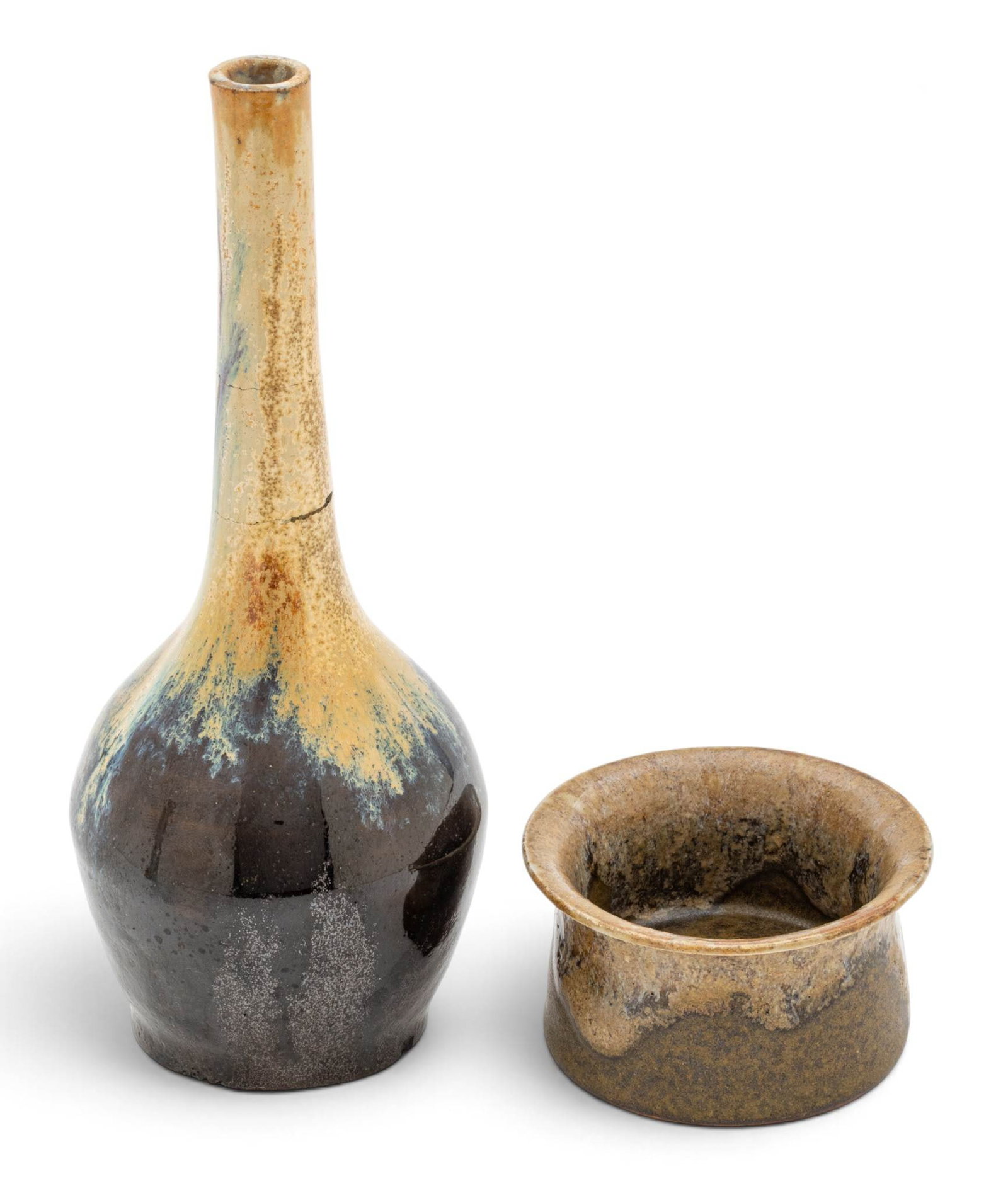 Auguste Delaherche (French, 1857-1940) Glazed Stoneware Bud Vase and Votive Candle Holder 1890-1910,: Auguste Delaherche (French, 1857-1940) Glazed Stoneware Bud Vase and Votive Candle Holder 1890-1910, 2 PCS Ochre slip glaze adorns neck to shoulders. Bulbous bas having an iridescent purple glaze. Vot