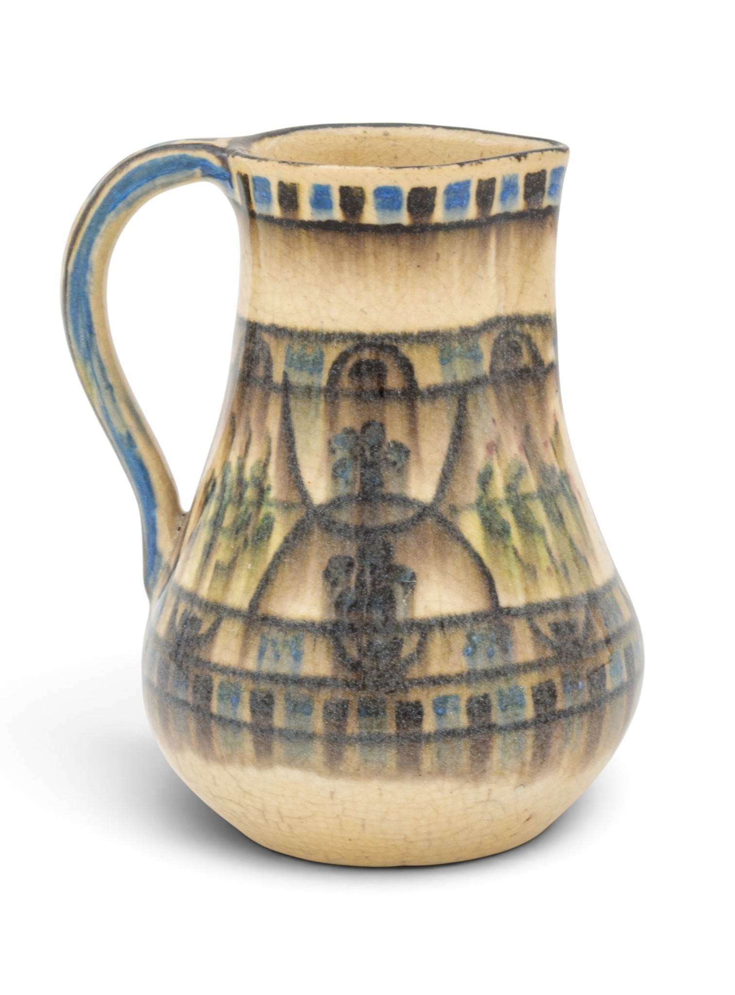 Mary Chase Perry (American, 1867-1961) Early and Rare Pewabic Pottery Porcelain Cream Pitcher: Mary Chase Perry (American, 1867-1961) Early and Rare Pewabic Pottery Porcelain Cream Pitcher 1904-1907, H 5" W 3" L 4.25" Oatmeal ground pitcher with handle and spout. Hand painted shoulder and neck 