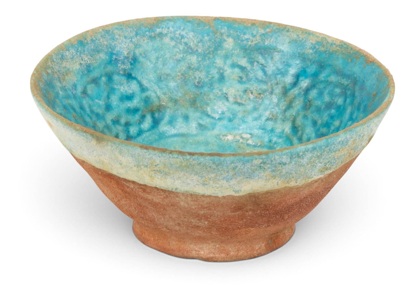 Turco-Persian Midevil Turquoise Glazed, Pattern Molded, Earthenware Conical Form Bowl 12th -13th C.,: Turco-Persian Midevil Turquoise Glazed, Pattern Molded, Earthenware Conical Form Bowl 12th -13th C., H 2.125" Dia. 4.75" Of conical form with unglazed foot and exterior base. Turquoise glazed interior