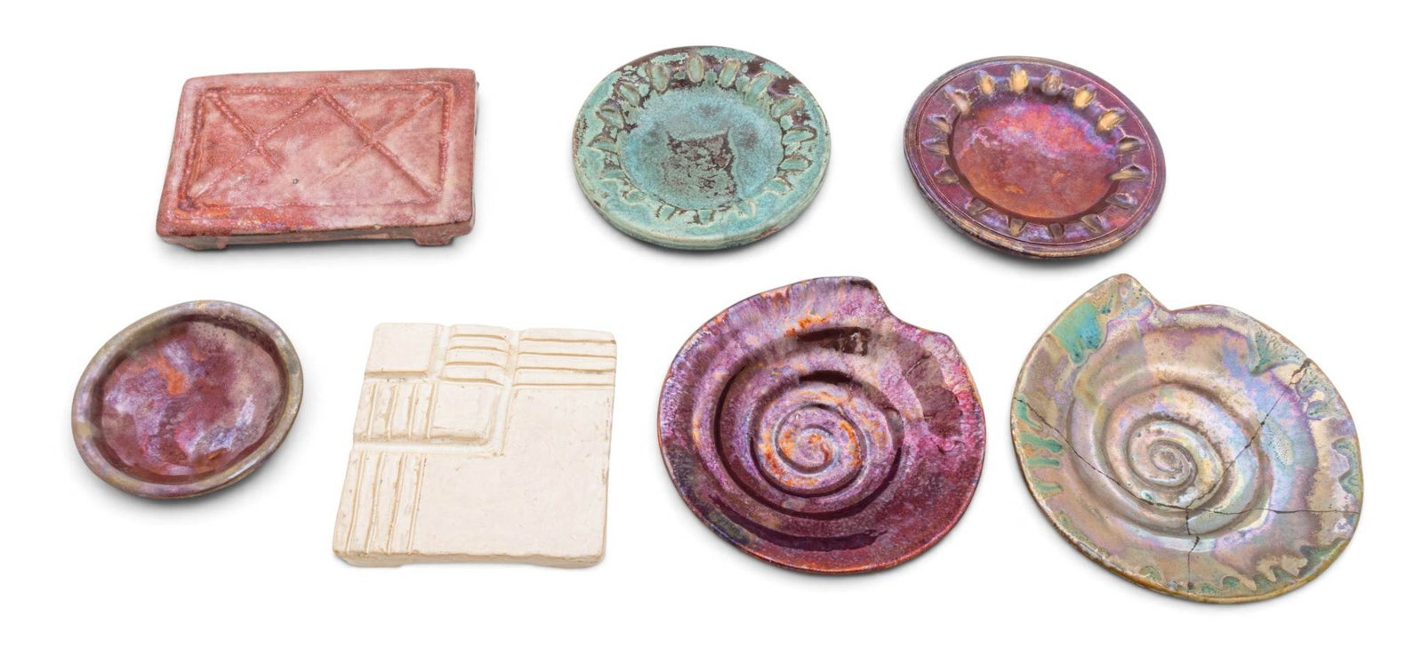 Ira and Ella Peters for Pewabic Pottery (Detroit, Est. 1903) Glazed Pottery Ashtrays, Trivets, and (1 of 7)