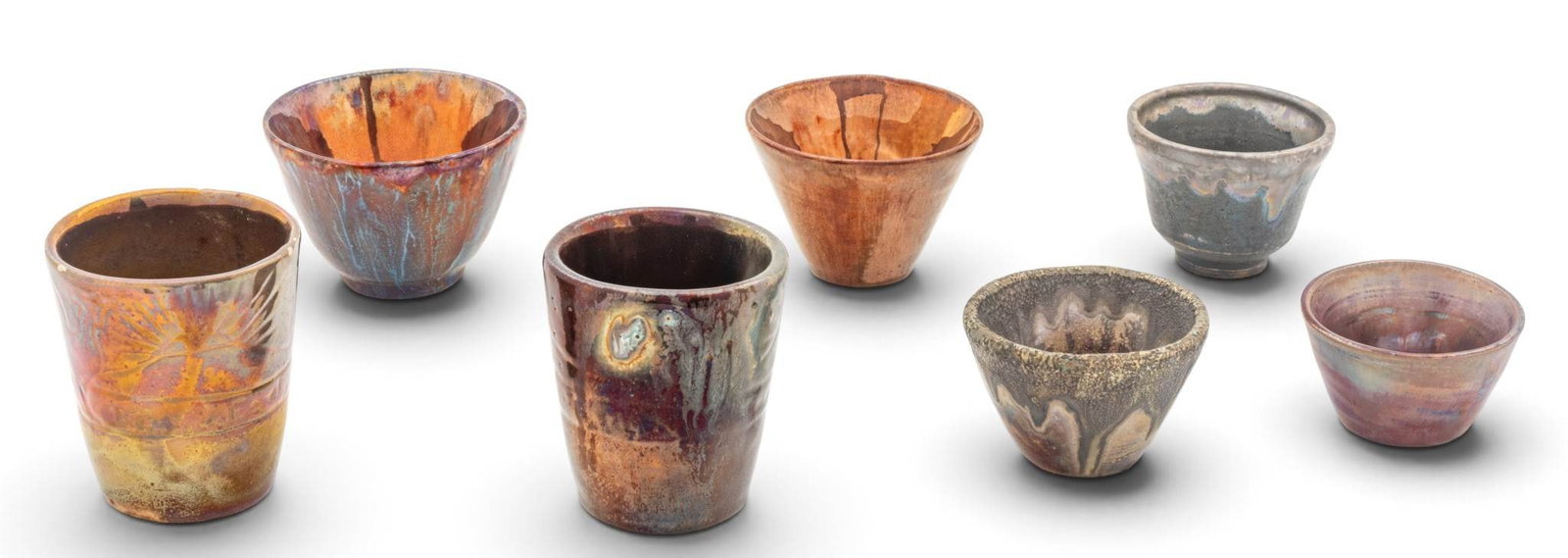 Ira and Ella Peters for Pewabic Pottery (Detroit, Est. 1903) Copper Glaze with Reduction Vessels,: Ira and Ella Peters for Pewabic Pottery (Detroit, Est. 1903) Copper Glaze with Reduction Vessels, Ca. 1970's, 7 PCS Copper glaze with reduction. Four pieces signed by Ira and Ella. One signed Welch, 4