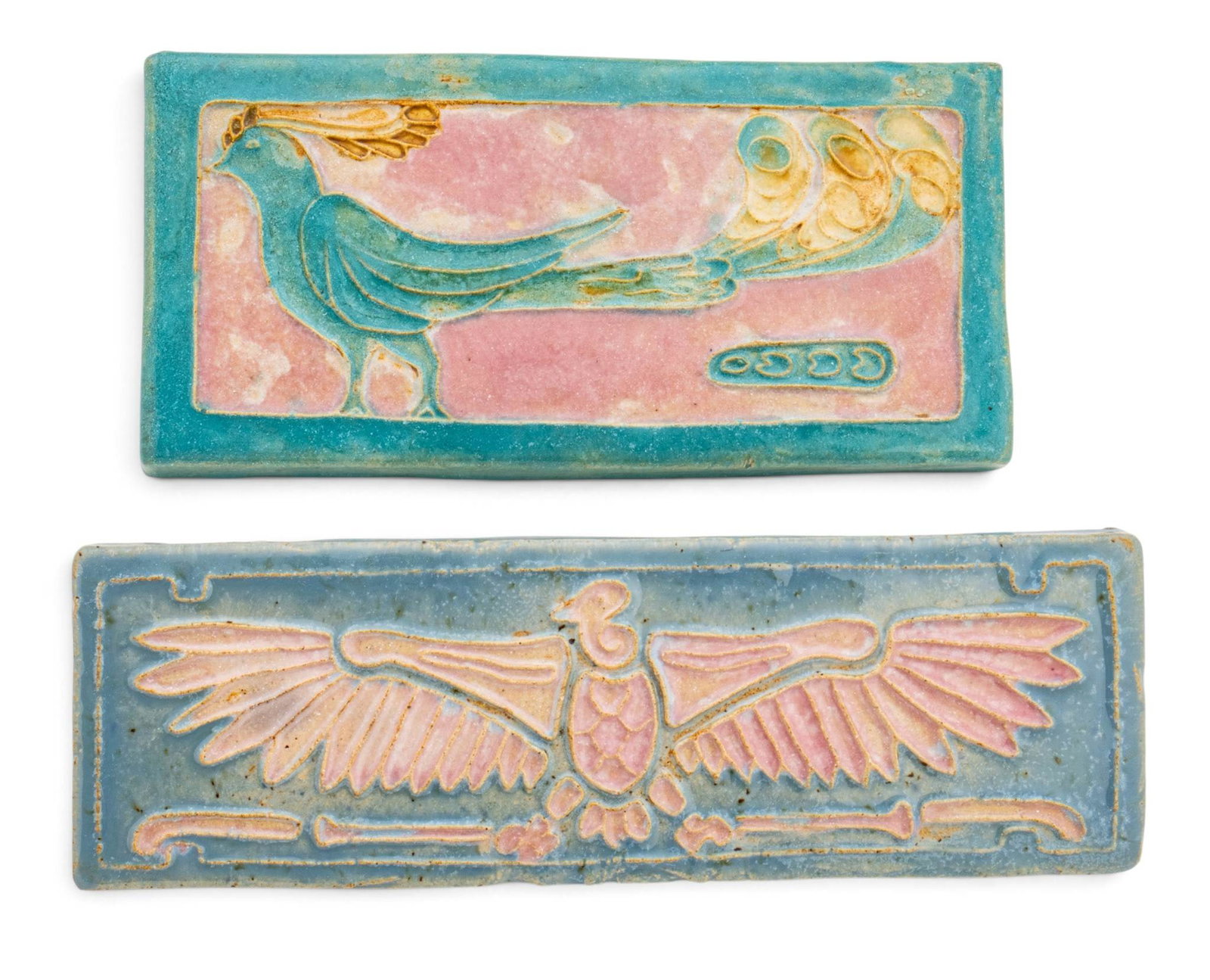 Pewabic Pottery (Detroit, Est. 1903) Detroit Society of Arts and Crafts Iridescent Glazed: Pewabic Pottery (Detroit, Est. 1903) Detroit Society of Arts and Crafts Iridescent Glazed Earthenware Plaques 1940, 2 PCS Two tiles. One of the DSAC peacock, Watson (after Watson Street). One of the v