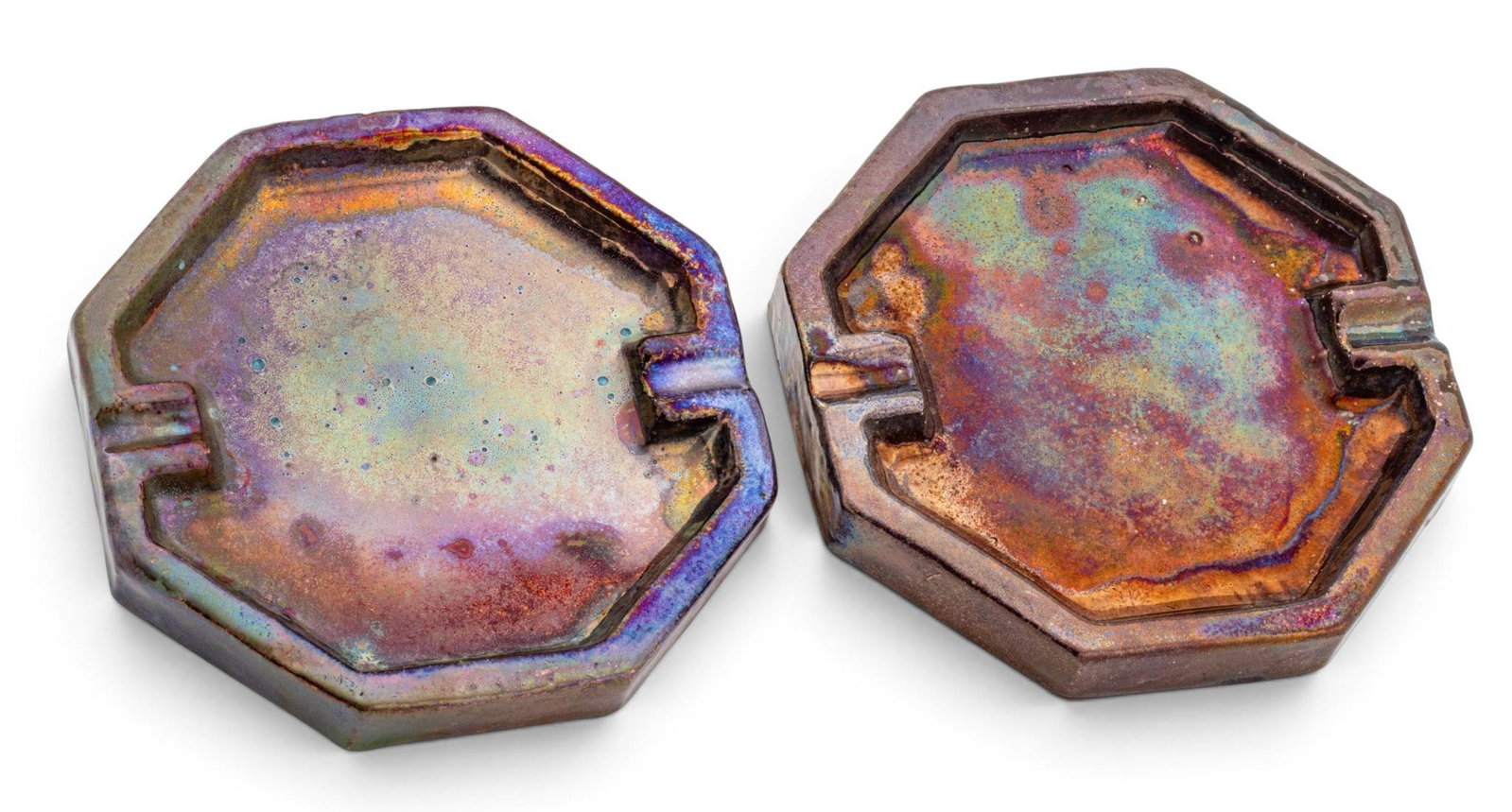 Pewabic Pottery (Detroit, Est. 1903) Iridescent Glazed Earthenware Ashtrays 1930-1940, H 1" Dia. 6": Pewabic Pottery (Detroit, Est. 1903) Iridescent Glazed Earthenware Ashtrays 1930-1940, H 1" Dia. 6" 2 PCS Iridescent purple glaze over white clay body. Each having circular Pewabic Detroit impressed m