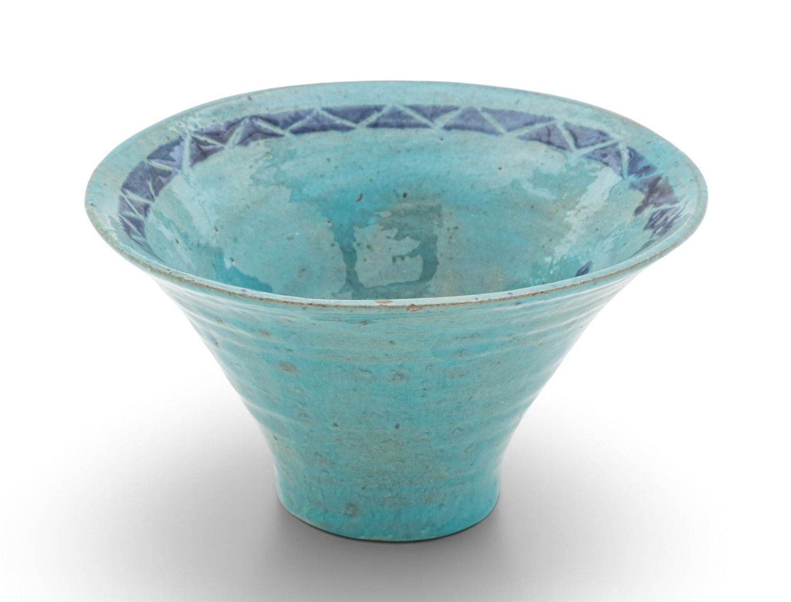 Pewabic Pottery (Detroit, Est. 1903) Iridescent Glazed Earthenware Conical Vase 1930-1940, H 2.75": Pewabic Pottery (Detroit, Est. 1903) Iridescent Glazed Earthenware Conical Vase 1930-1940, H 2.75" Dia. 3.5" iridescent turquoise glaze with blue Celtic style interior band. White clay body. Glaze tes
