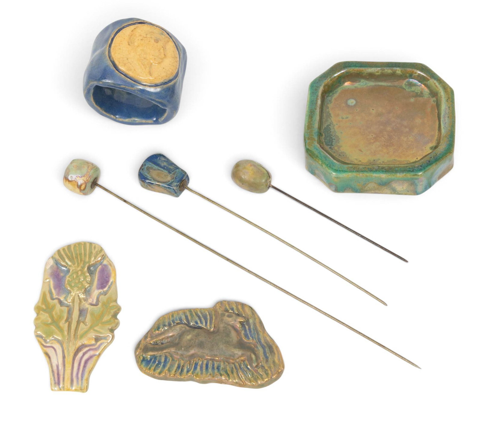 Pewabic Pottery (Detroit, Est. 1903) Iridescent Glazed Earthenware Hat Pins and Brooches, Ca. (1 of 4)