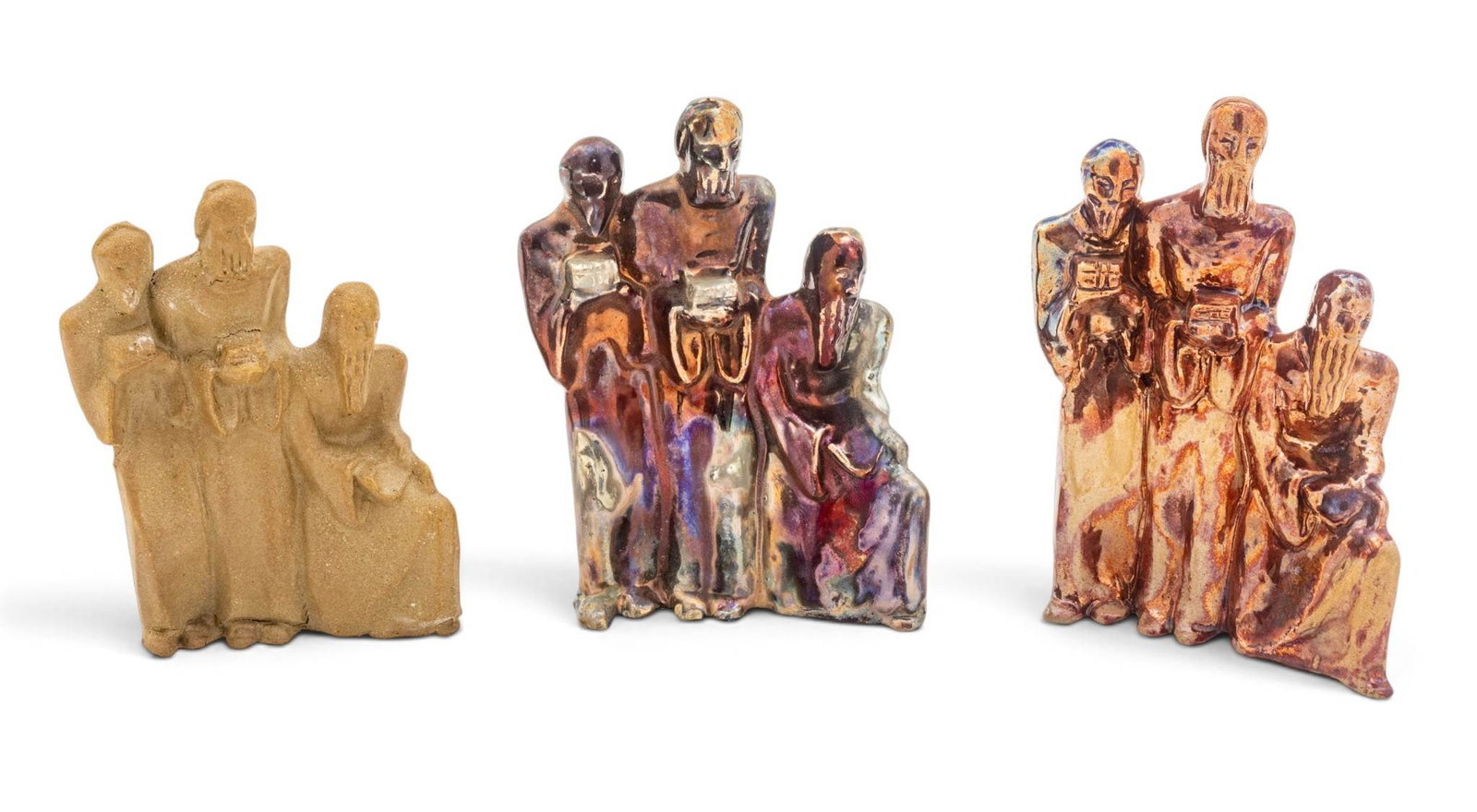 Ira and Ella Peters for Pewabic Pottery (Detroit, Est. 1903) Earthenware, Ca. 1970's, 'Three Wise: Ira and Ella Peters for Pewabic Pottery (Detroit, Est. 1903) Earthenware, Ca. 1970's, 'Three Wise Men', 3 PCS Two with copper glaze with reduction. One unglazed. Unglazed is signed E.P. and I.P. Size 