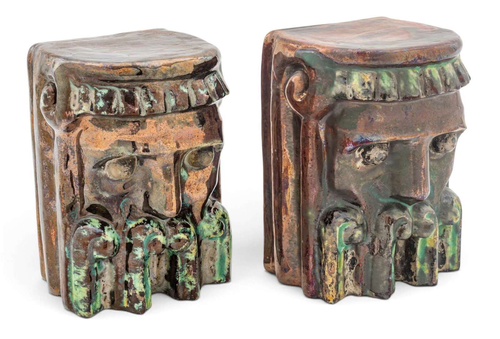 Pewabic Pottery (Detroit, Est. 1903) Iridescent Glazed Earthenware Babylonian Masks 1990, H 7.5" W (1 of 5)