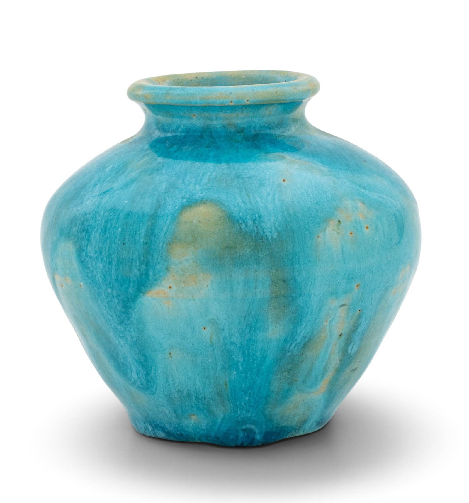 Pewabic Pottery (Detroit, Est. 1903) Persian Blue Glazed Earthenware Low Vase 1920-1930, H 3.5" Dia. (1 of 7)