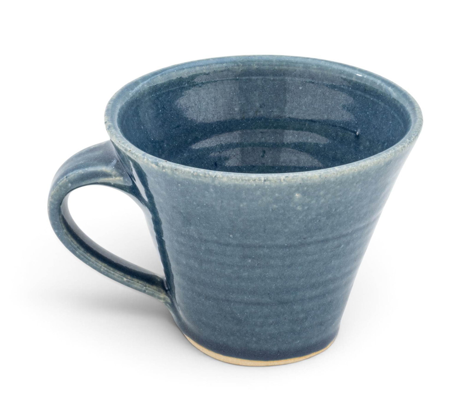 Pewabic Pottery (Detroit, Est. 1903) Glazed Earthenware Tall Cup 1903-1915, H 4" L 6" Dia. 5": Pewabic Pottery (Detroit, Est. 1903) Glazed Earthenware Tall Cup 1903-1915, H 4" L 6" Dia. 5" An early example of the Pewabic blue #2 glaze under a clear gloss glaze. White clay body. Undermarked with