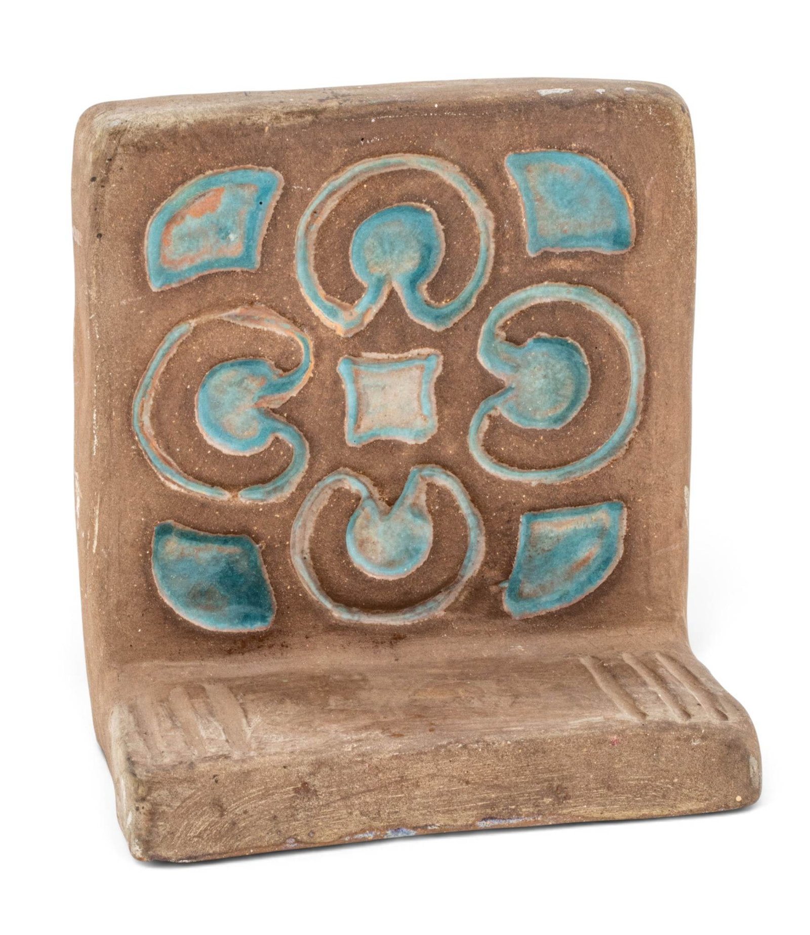Pewabic Pottery (Detroit, Est. 1903) Iridescent Glazed Earthenware Celtic Bookend 1940, H 5" W 5" (1 of 6)