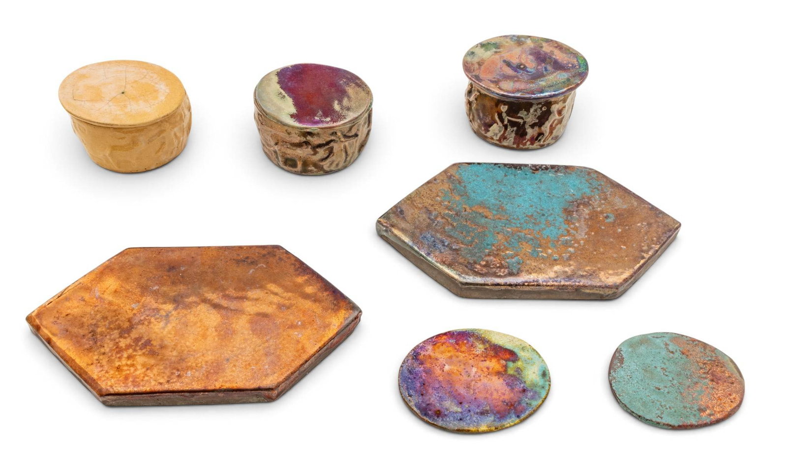 Ira and Ella Peters for Pewabic Pottery (Detroit, Est. 1903) Iridescent-glazed Earthenware, Ca. (1 of 6)